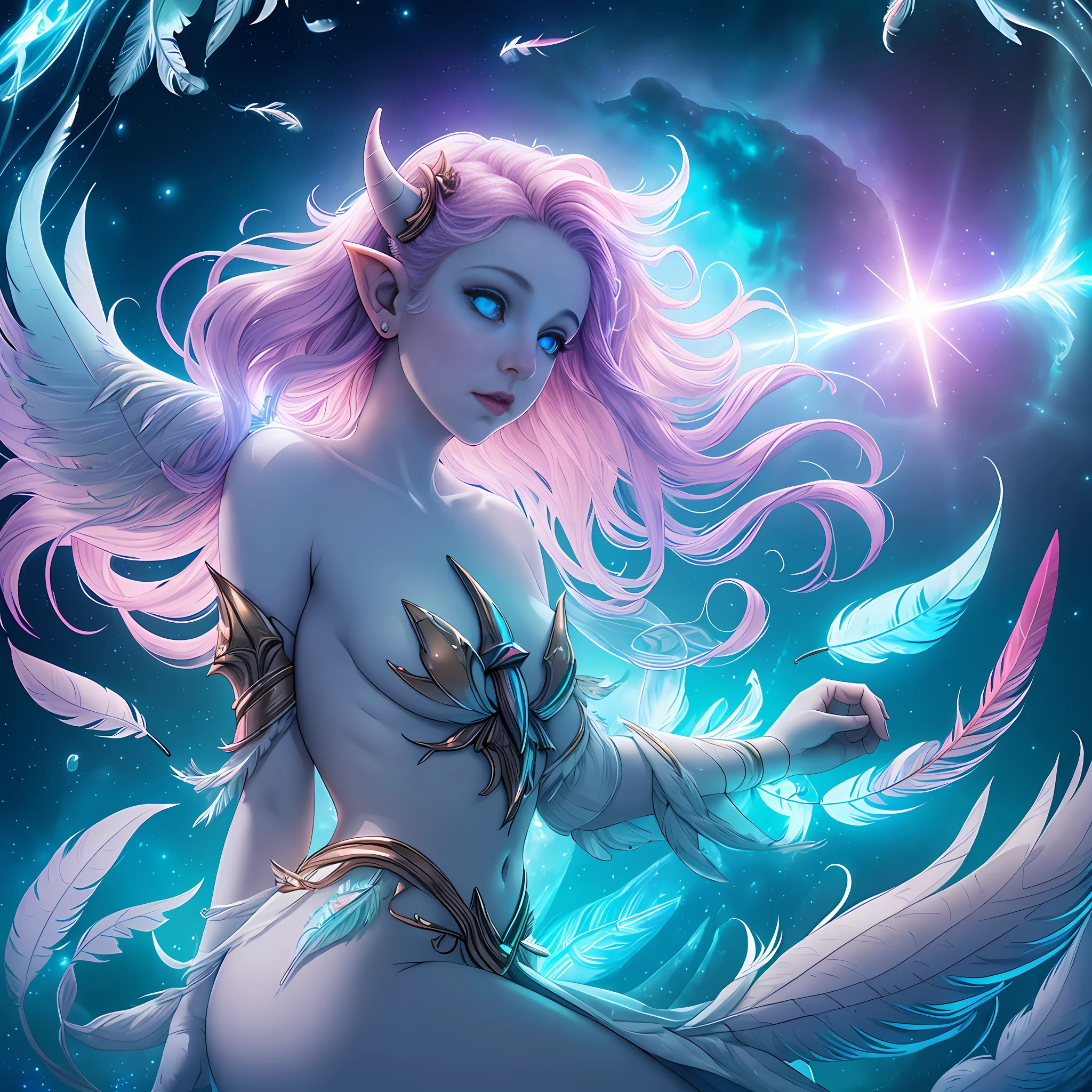 ((best quality)), ((masterpiece)), ((realistic)), full body portrait, {lillith}, 1girl, (((celestial))), deity, {teifling goddess}, light particles, halo, looking at viewer, (bioluminescent:0.95) ocean, bioluminescent, piercing glare, celestial bioluminescent eyes, vibrant, (((colourful))), color, (glowing, glow), (beautiful composition), cinematic lighting, intricate, (symmetrical:0.5), whimsical, {fisheye lens}, ((angle from side)), (((corrupted celestial feathers falling in background)))