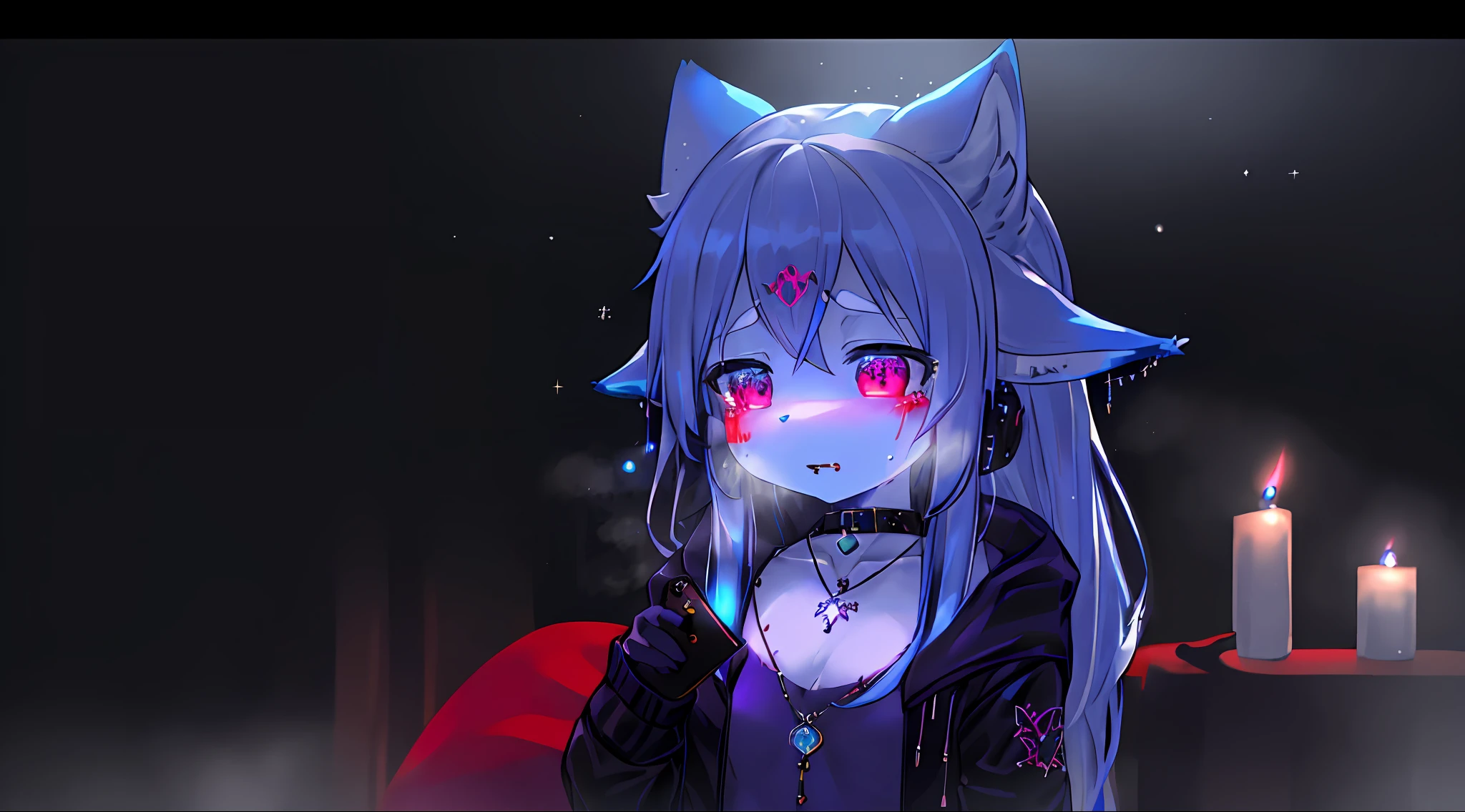 Snow fox(me), fur body, full body, earphones(color deep dark blue), deep dark blue(Snow fox), Neon(Snow fox), UWU, light(RGB), DJ, glow(light), 4 ear 2 tail, master piece, name(Snow), girl(young), jacket(deep dark blue), space time, soft, collar(star), flutty tail, character(Snow fox), 8K, long hair, winter(foggy), foggy(deep dark blue), thick fog, feeling(despair), cry, vampire, necklace, blood bag(eat), blood, young girl, bloody, 10 years, succubus, 100% succubus sexual tattoo, 100% demon sexual tattoo, succubus sexual tattoo glow, demon sexual tattoo glow, phone, full body succubus sexual tattoo, full body demon sexual tattoo, nude, eat wine, winter