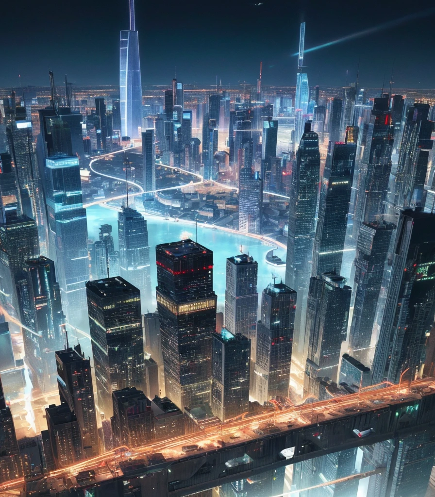 Future cityscapes, ((Cyborg)), (irregular architecture), machinery, (cyberpunk), (hovering trains), drones, realistic lighting, (abyss) masterpieces, high quality, beautiful graphics, high detail, (futuristic city), (intelligent), (humanized), (digital), (diverse) city, (looming flying saucers and spaceships in the sky)), vision (wide-angle lens), ultra-high resolution (realism: 1.4), ultra-high quality, extremely detailed CG Unity 8k wallpapers, aesthetics, award-winning photography, realism, high detail, detail enhancement, blur removal, intricacies, travel art. Visually stunning. Beautiful Future City, Beautiful City, Chinese Dream Land, Pexels, Blue Hour Photography, Chinese Dreamland, Spectacular Clouds, Fantasy Clouds, The title should be eye-catching, in bold, stylized font, and the tagline is "Future City".