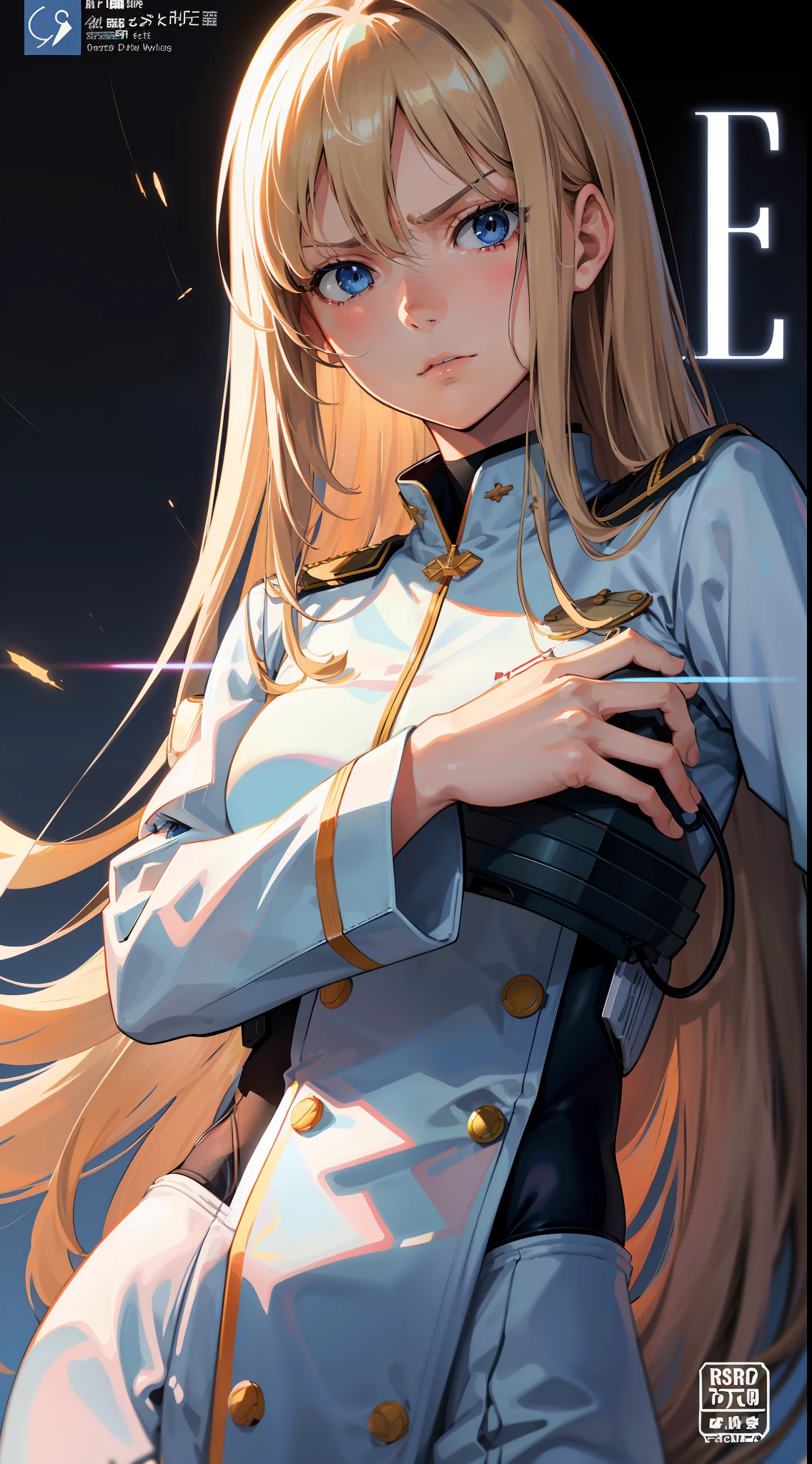 Trailer Cover,Realistic,White Air Force Uniform,(Realistic Face Resolution),Posing Cinematic,Adult,Skinny,Small,(1 Woman with Dark Blonde Long Hair,Blue Eyes),Serious Face,Science Fiction,Sci-fi,Different Characters