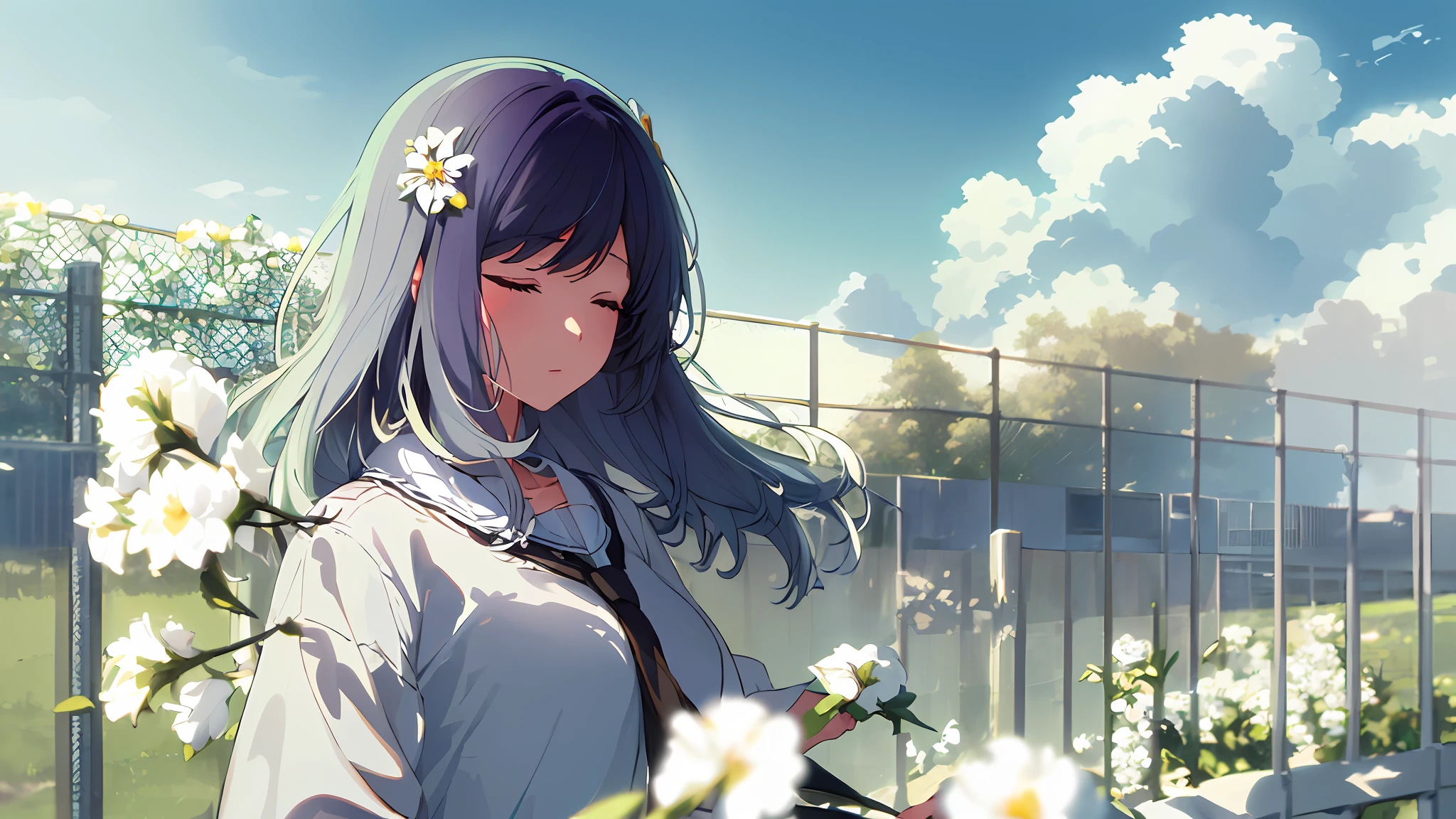 (masterpiece, best quality), ((1girl, (mature), (hair, beautiful hair, hair ornament), (closed eyes), (holding white flowers)), ((sky, clouds), fence), (highres, chromatic aberration), (),