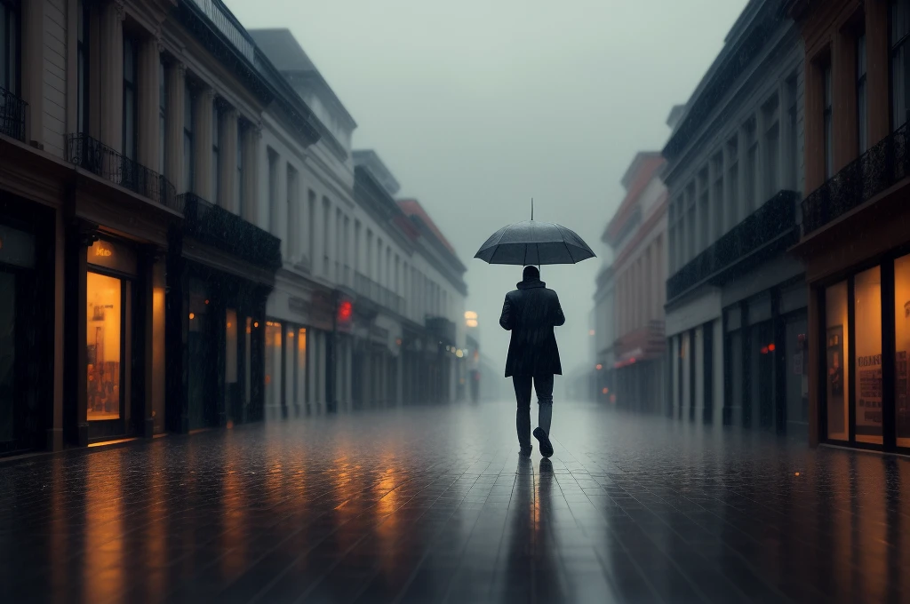 a guy walking in a street alone, in rainy weather, back shot, surrounded by a storm, sad feelings, ultra detailed, 16k, trending on artstation, sharp focus
