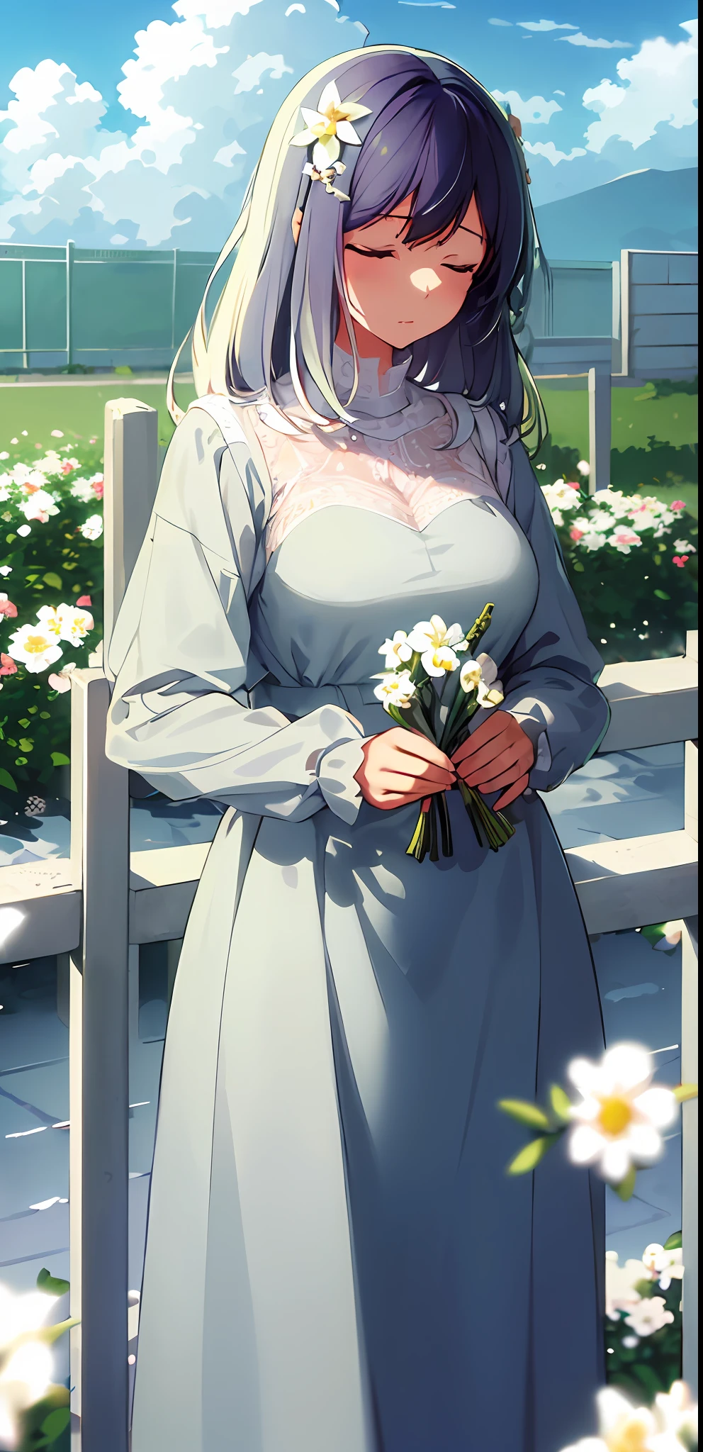 (masterpiece, best quality), ((1girl, (mature), (hair, beautiful hair, hair ornament), (closed eyes), (holding white flowers)), ((sky, clouds), fence), (highres, chromatic aberration),