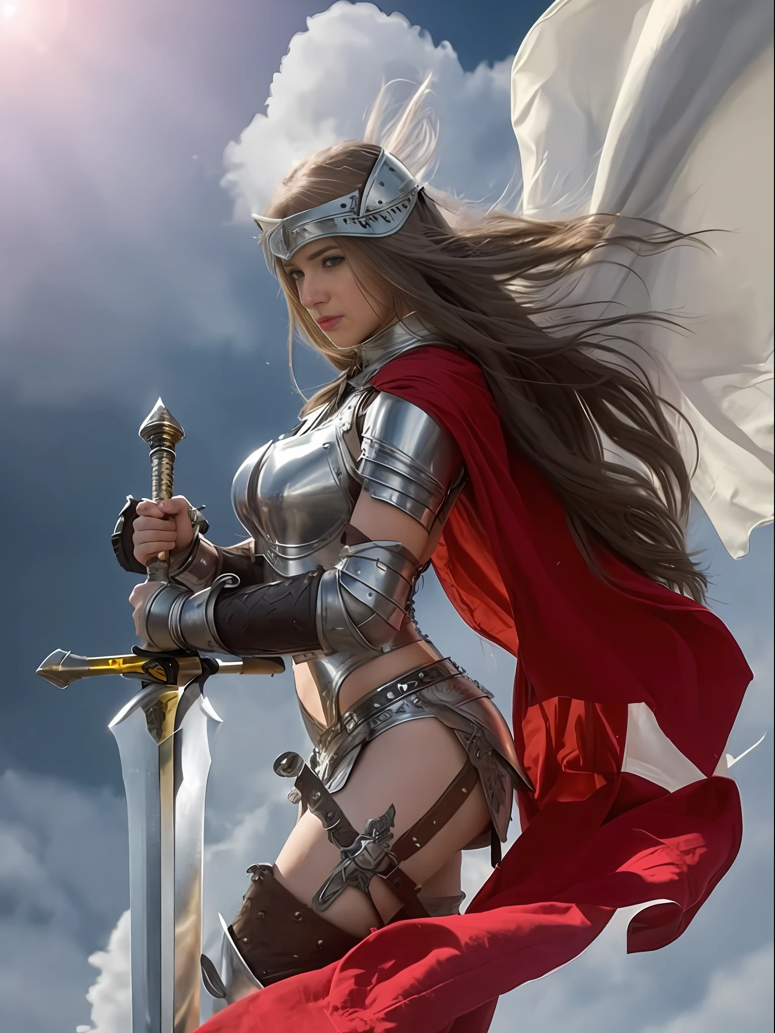 Medieval woman, long hair, silver armor, holding sword, muscular body.