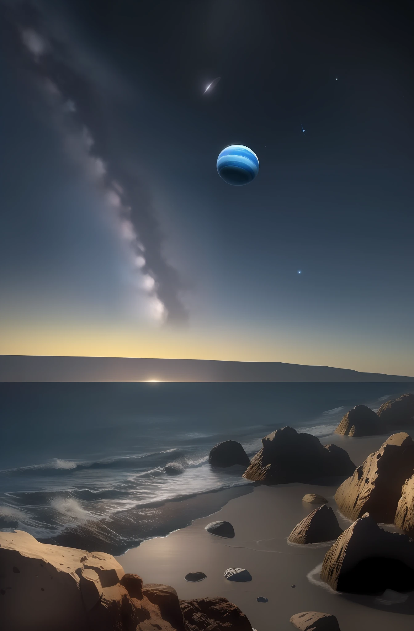 desolate rocky beach, night sky with view of planets and moons