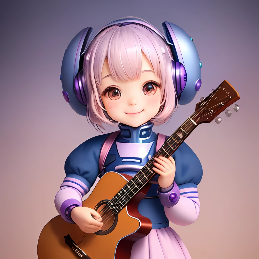 Highly detailed portrait of a small cute robot with round, expressive eyes and friendly smile. It has a cheerful, bright color scheme mixed with soft blues, pinks, and purples, standing with arms crossed and a guitar in hand