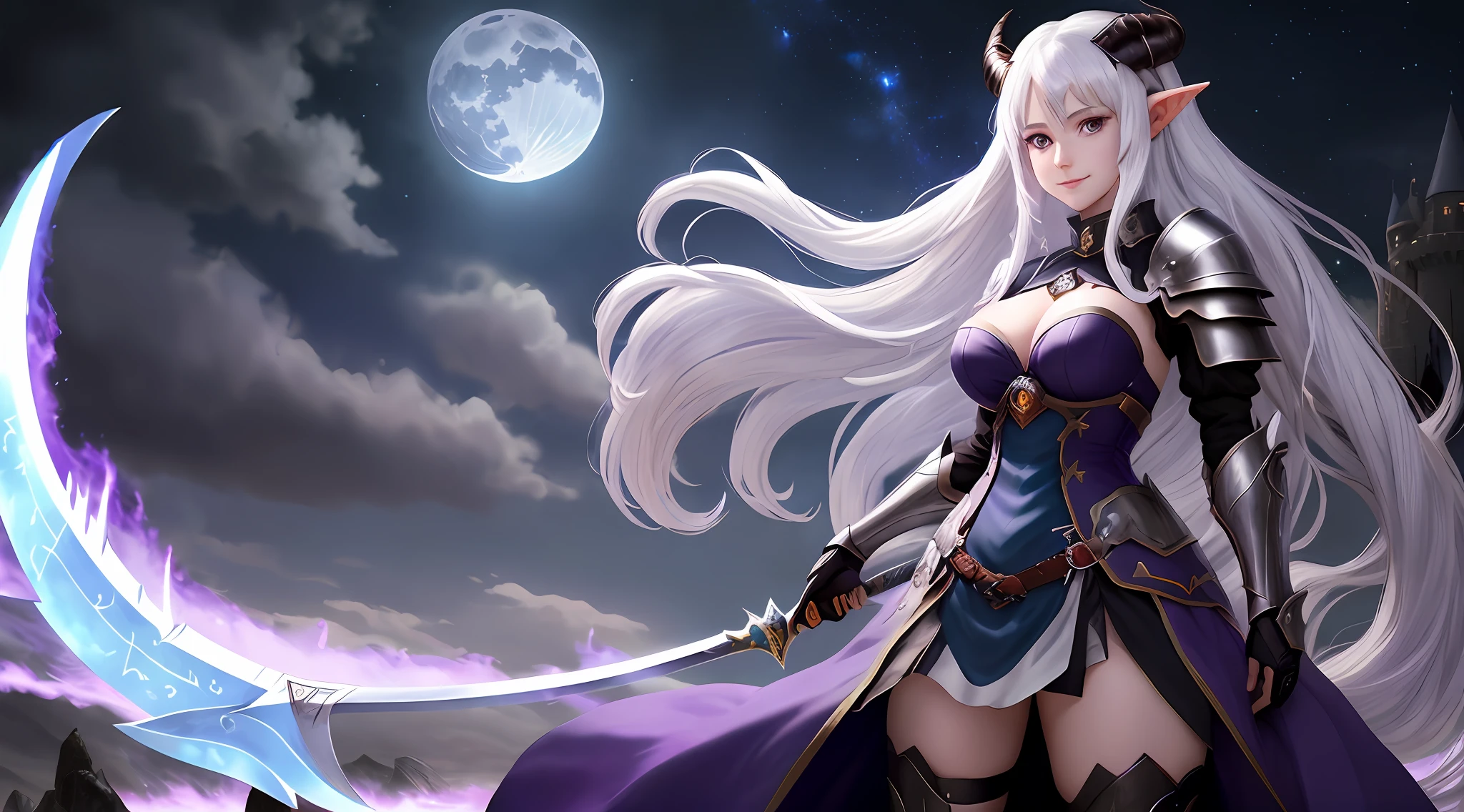 anime, white hair, long hair, floating hair, woman, large breasts:0.8, sword, scythe, witch:0.5, horns, succubus, demon girl:0.7, pointy ears, dark elf, smile, dark clothes, short dress, tight clothing, castle, burning castle, blue sky, stars, wallpaper, detailed, best quality, purple eyes, landscape, fantasy, blue moon, energy, blue, full body, whole person, skimpy armour, moonlight greatsword, moon light, fight against dragon, dragon warrior. dragon lady, dragon:1.3, irithyll