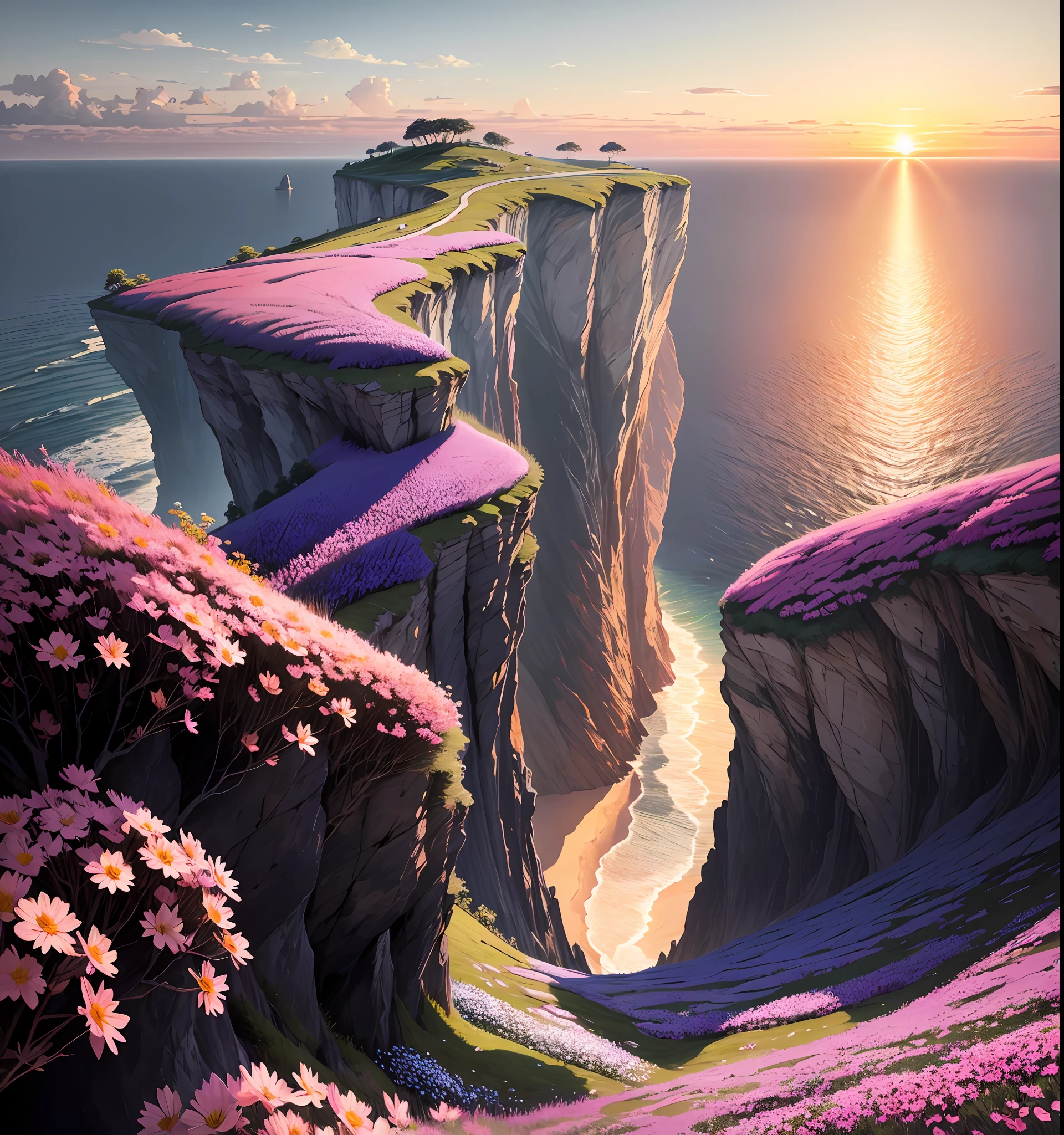 nature,Detailed lighting,Sea of flowers,sky,Sunset,breeze,defoliation,cliff,