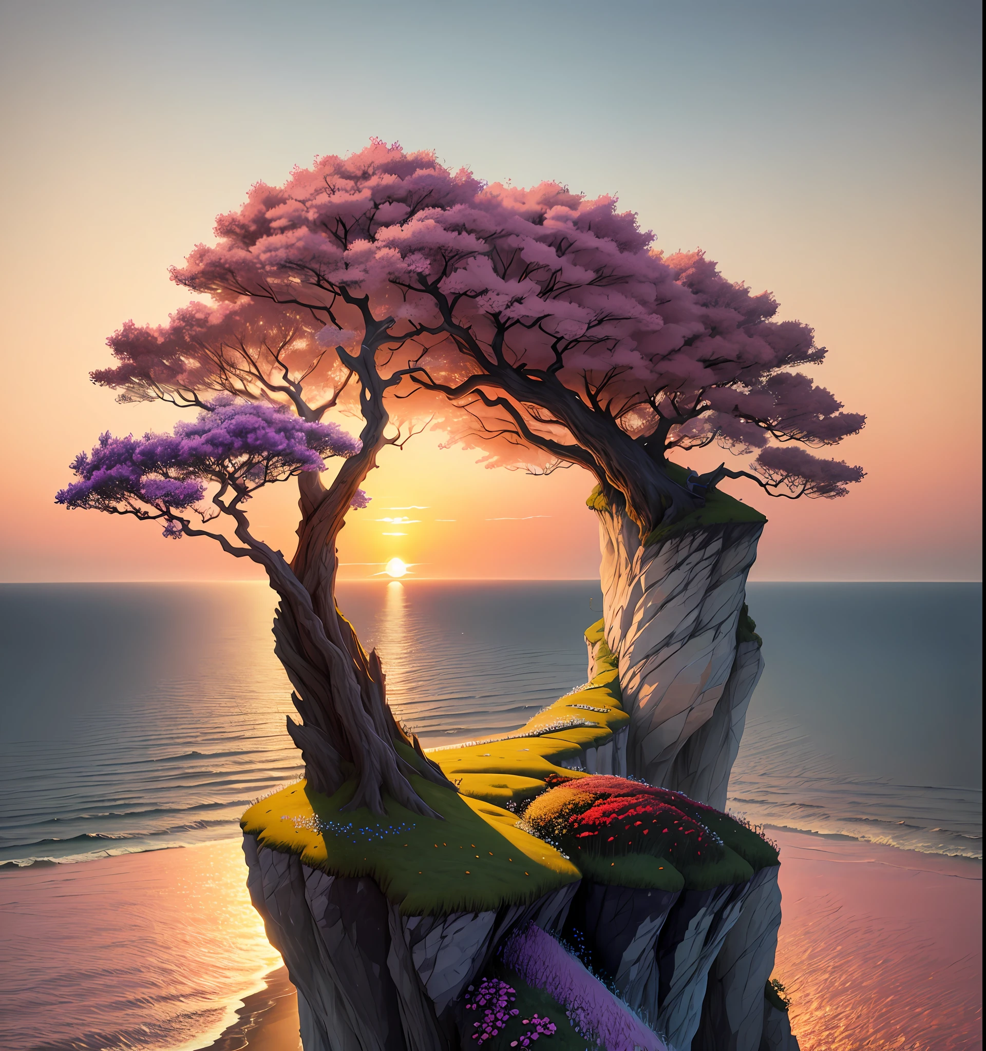 nature，Detailed lighting，Sea of flowers，sky，Sunset，breeze，defoliation，cliff，