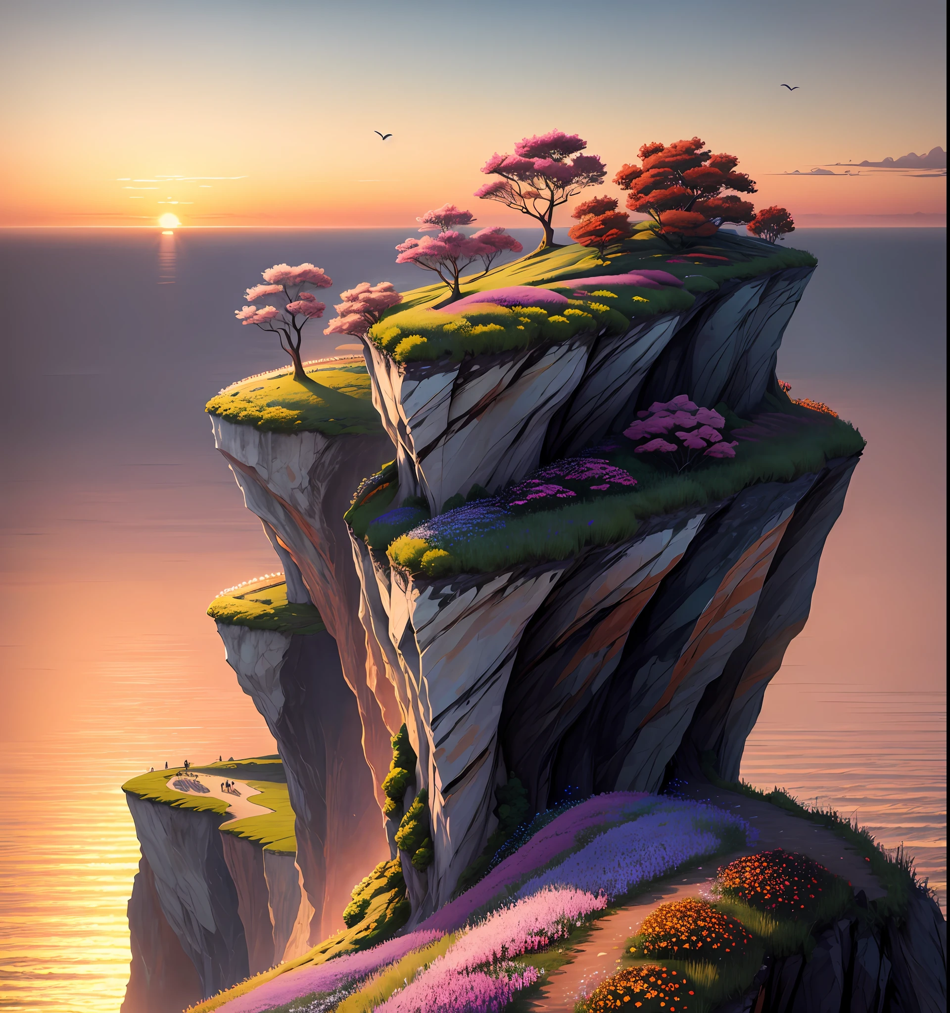 nature，Detailed lighting，Sea of flowers，sky，Sunset，breeze，defoliation，cliff，