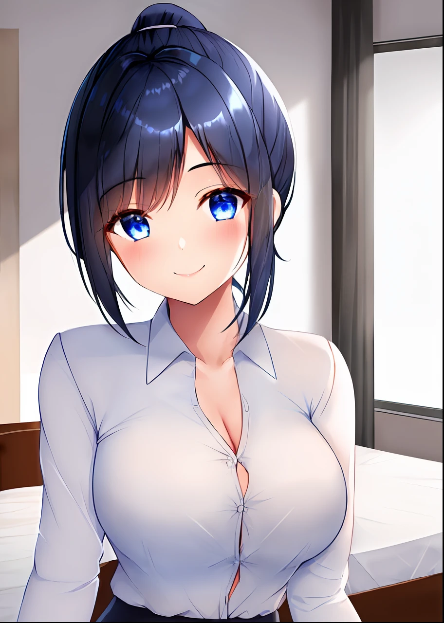 1girl, cute, smile, romantic, clear face, High definition, short hair girl with white shirts and black skirts, blue eyes, 1 button open, Beautiful hair, dark blue hair, ponytail, big bust, bed
