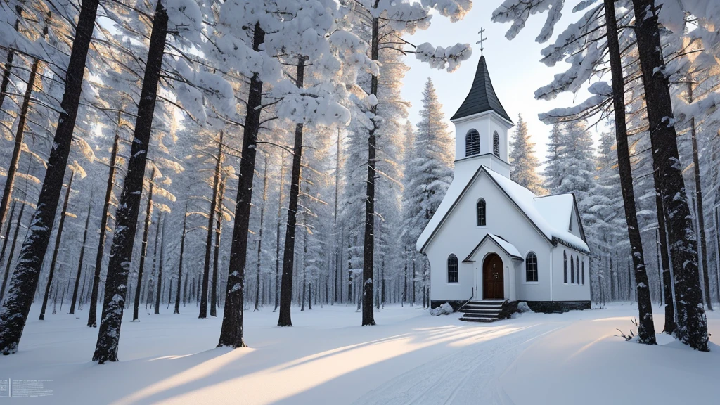 Epic movie poster, professional photo, beautiful church in amazing winter forest landscape, professional digital art, professional lighting, dramatic lighting, high resolution, 8k, ultra high definition, HDRI, style, model shoot style, style rcnz_hqr