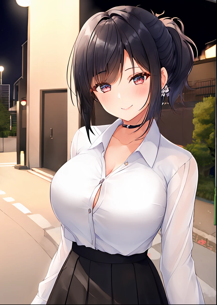 1girl, cute, smile, romantic, clear face, High definition, short hair girl with white shirts and black skirts, 2 shirts button open, Beautiful hair, dark blue hair, ponytail, big bust, street, town, Tokyo, night
