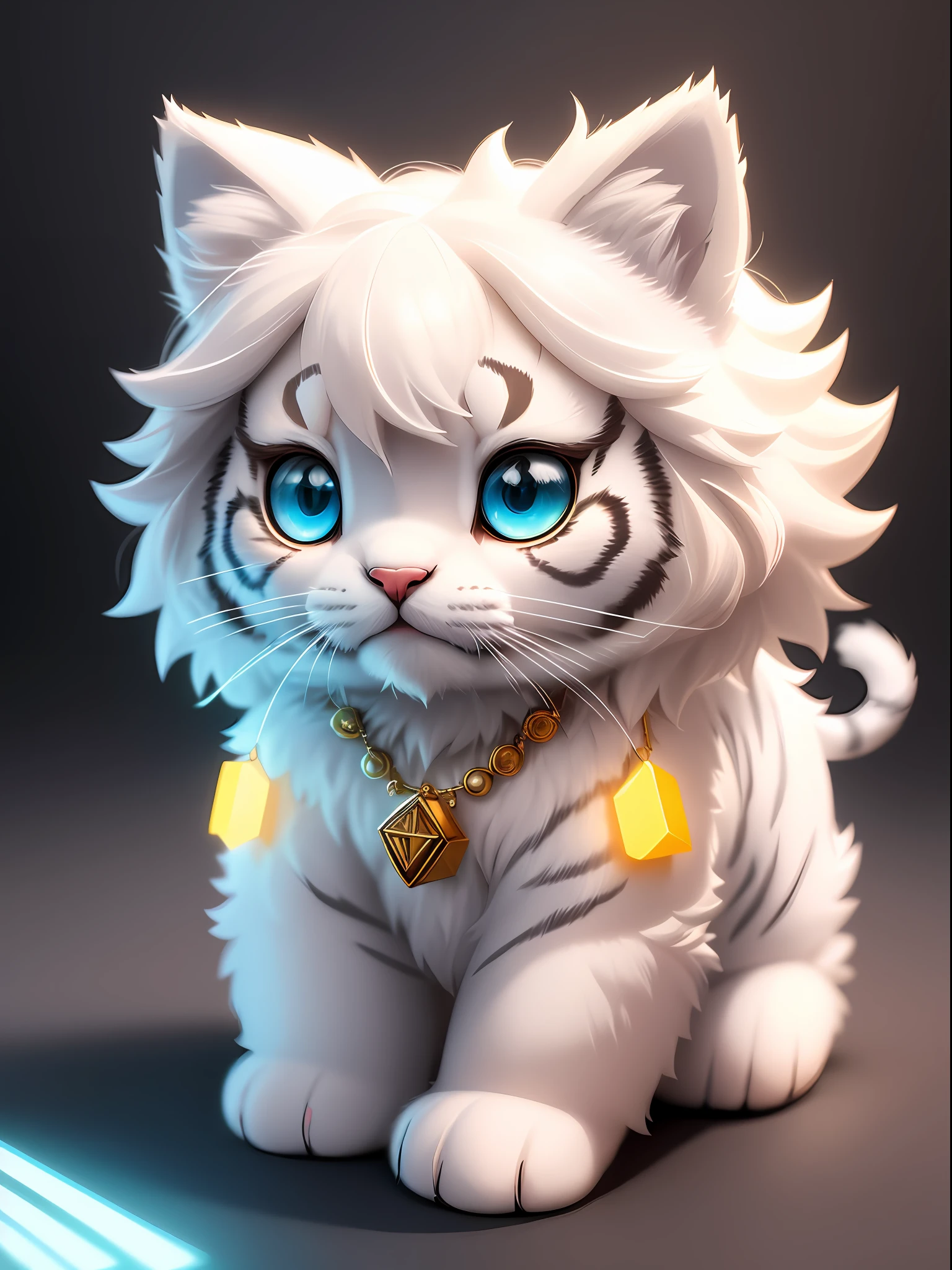 cute tiny hyperrealistic white tiger with different color eyes waring a necklace, Chibi, adorable and fluffy, logo design, cartoon, cinematic lighting effect, charming, 3D vector art, cute and quirky, fantasy art, bokeh, hand-drawn, digital painting, soft lighting, isometric style, 4K resolution, photorealistic rendering, highly detailed clean, vector image, photorealistic masterpiece, professional photography, simple space backdrop, flat white background, isometric, vibrant vector