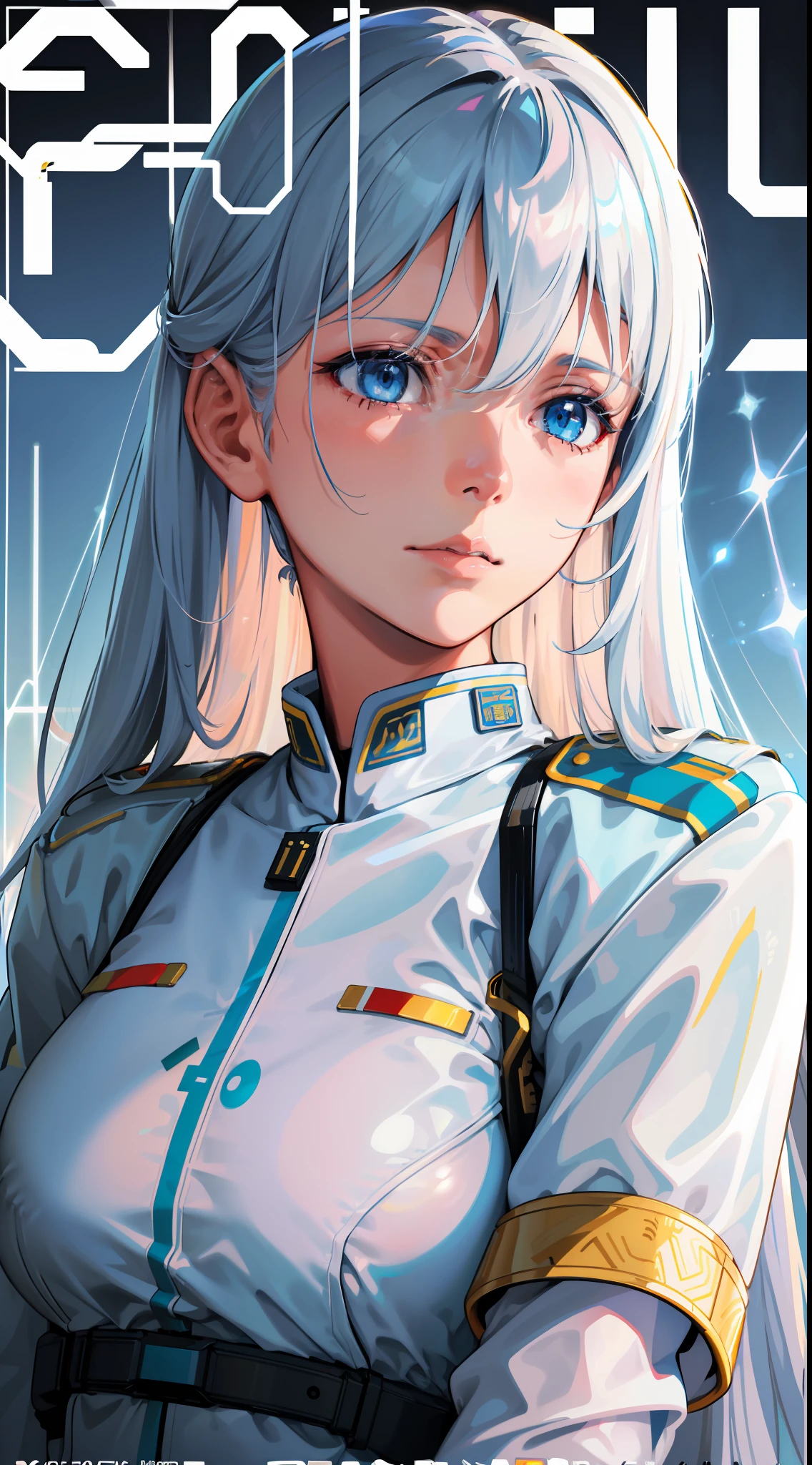 Trailer Cover,Realistic,Realistic,(White General's Uniform),White Air Force General Uniform,(Realistic Face Resolution),Cinematic Poses,Adult,Skinny,Small Breasts,(1 Light Blue Long Hair Woman with Blue Eyes),Glossy Face,Science Fiction,Sci-Fi,Different Characters