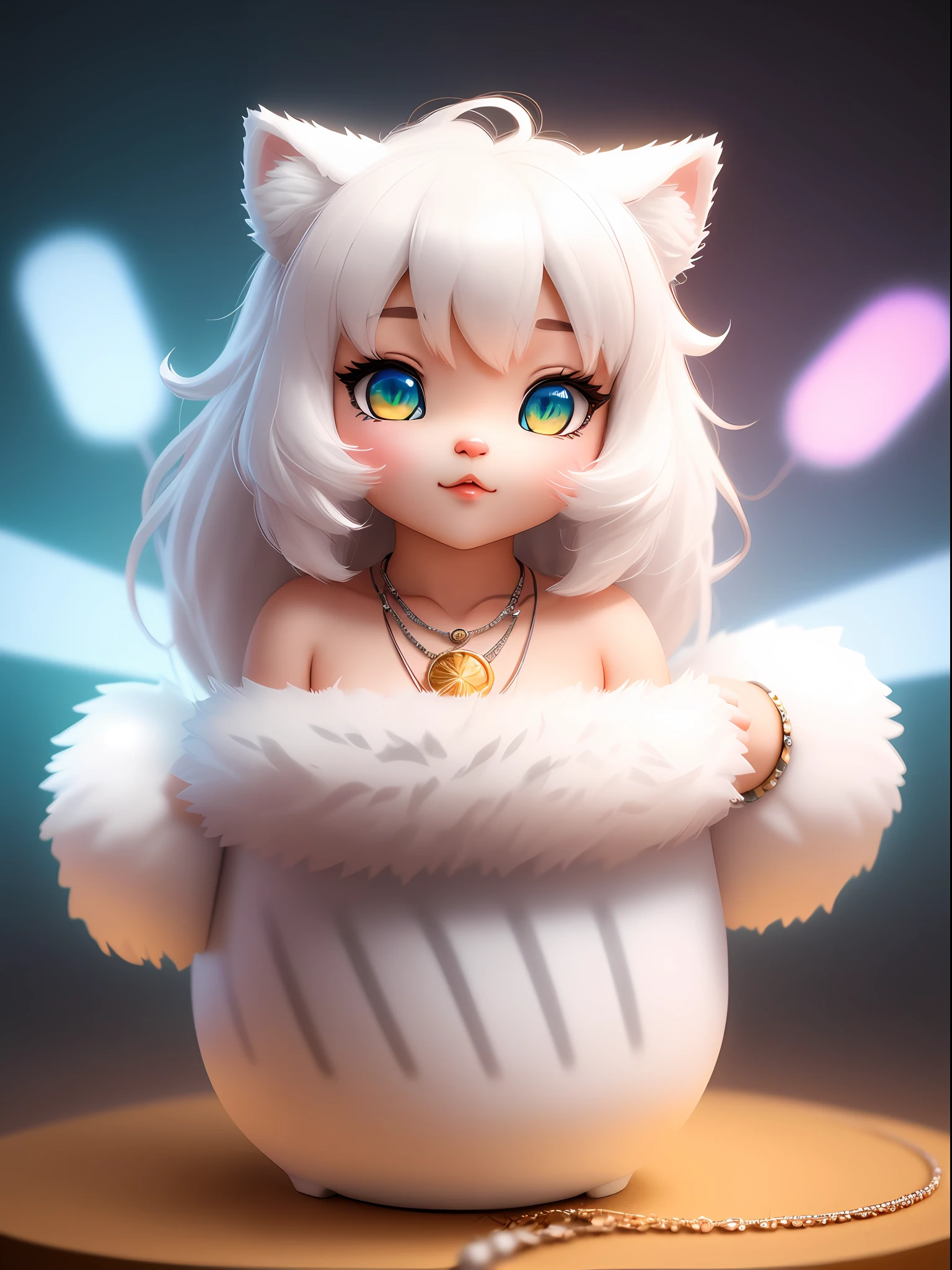 cute tiny  hyperrealistic white tiger with different color eyes waring a necklace, Chibi, adorable and fluffy, logo design, cartoon, cinematic lighting effect, charming, 3D vector art, cute and quirky, fantasy art, bokeh, hand-drawn, digital painting, soft lighting, isometric style, 4K resolution, photorealistic rendering, highly detailed clean, vector image, photorealistic masterpiece, professional photography, simple space backdrop, flat white background, isometric, vibrant vector
