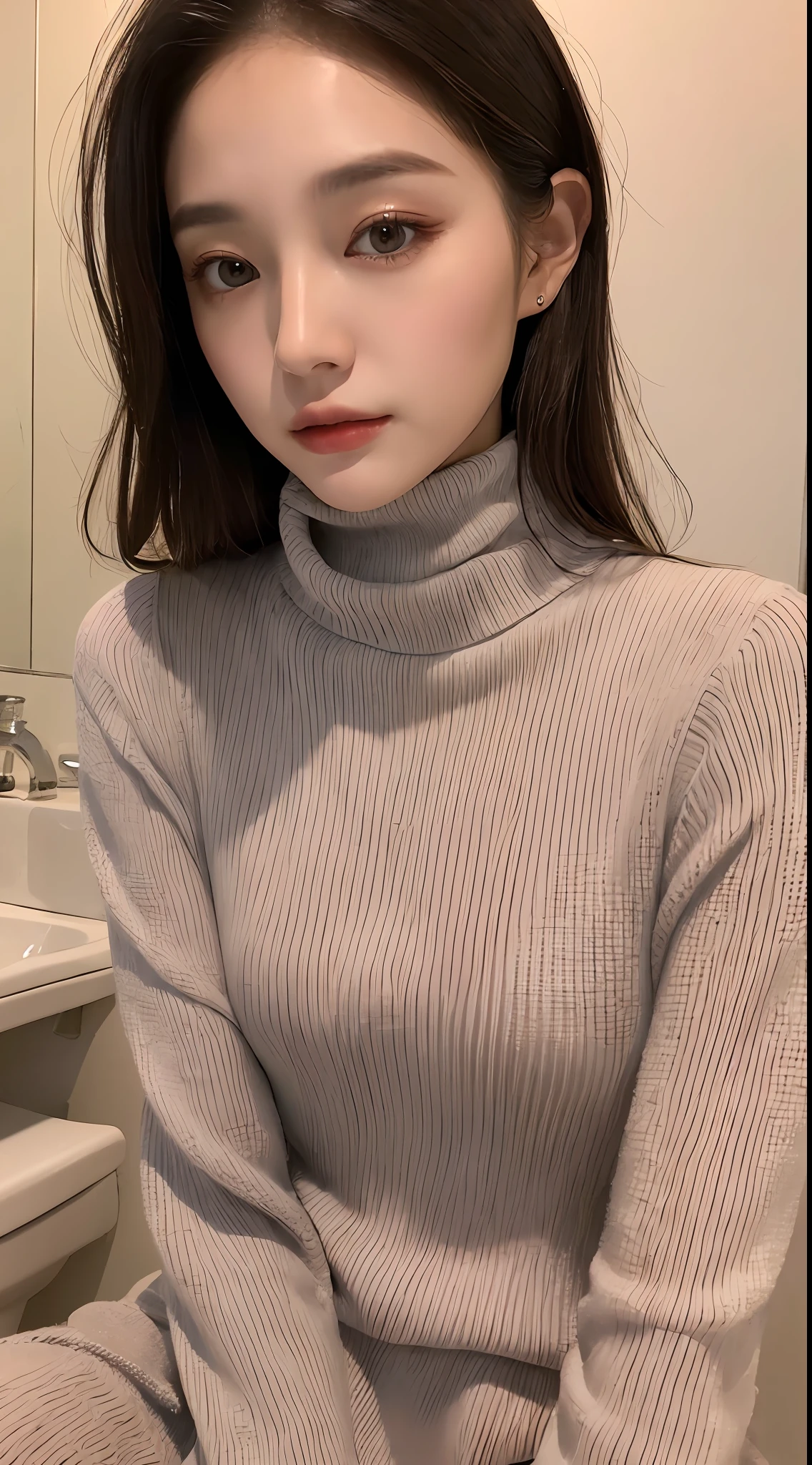 ((Night, Realistic Light, Best Quality, 8K, Masterpiece: 1.3)), 1girl, Slim Beauty: 1.4, Abs: 1.1, Turtleneck Sweater, Soaky Silk Dress: 1.2, Bathroom, Super Fine Face, Detailed Eyes, Double Eyelids