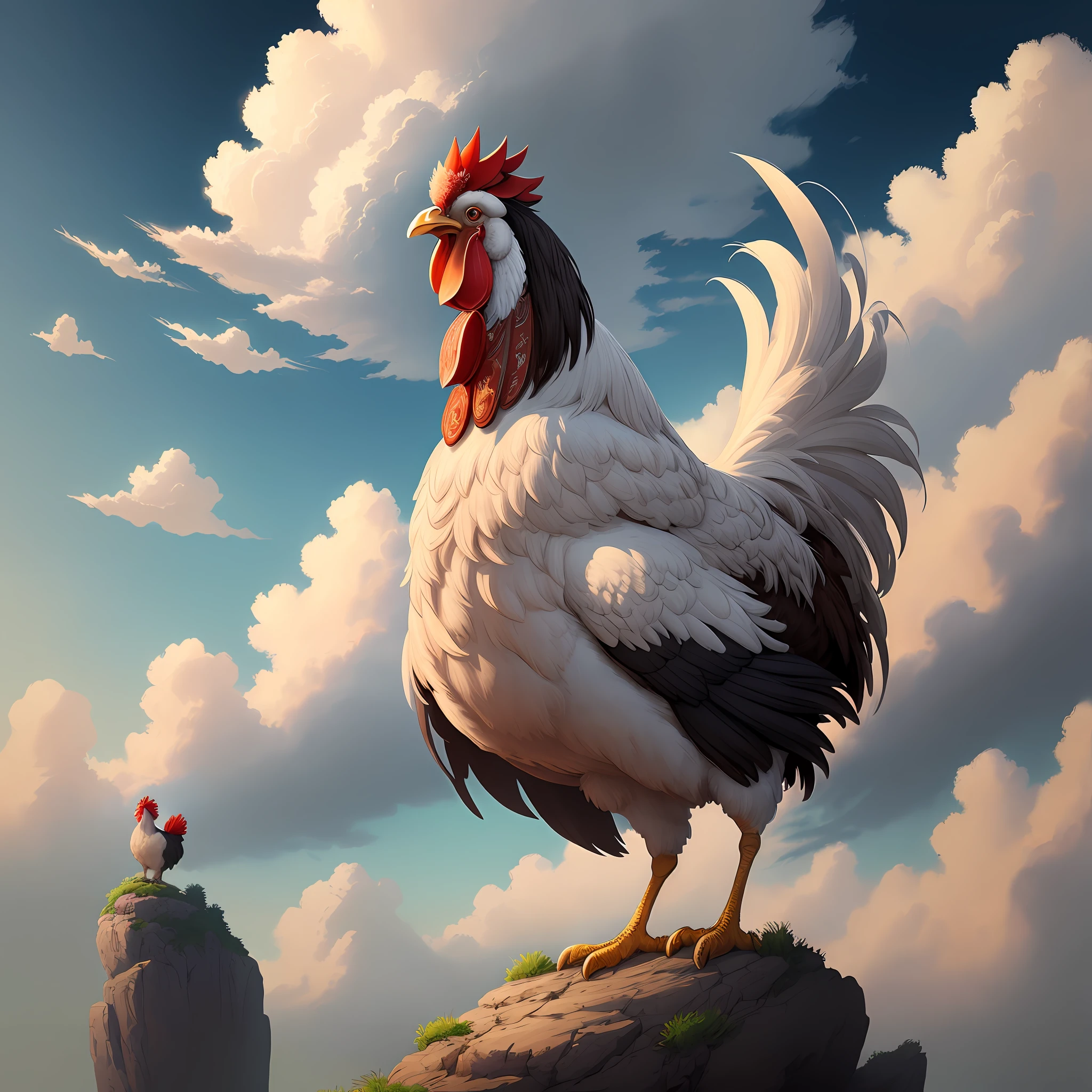 Rooster is standing on a rock in the sky with clouds, the king of the rooster, beautiful digital art, detailed 2d illustration, stunning digital illustration, beautiful detailed digital art, behance fantasy art, epic illustrations