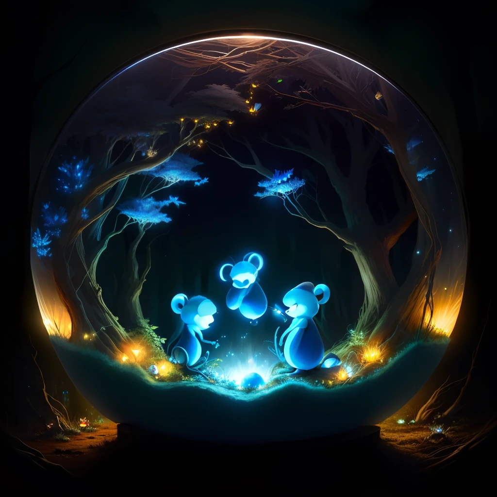 drawing me a nest of night smurfs ants in an old forest, twinkling lights, in a spherical aquarium, with fireflies and butterflies glowing, 4k, HDR, animated
