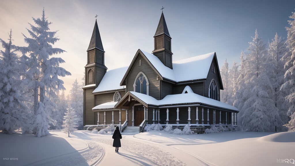 Epic movie poster, professional photo, beautiful church in amazing winter landscape, professional digital art, professional lighting, dramatic lighting, high resolution, 8k, ultra high definition, HDRI, style, model shoot style, style rcnz_hqr