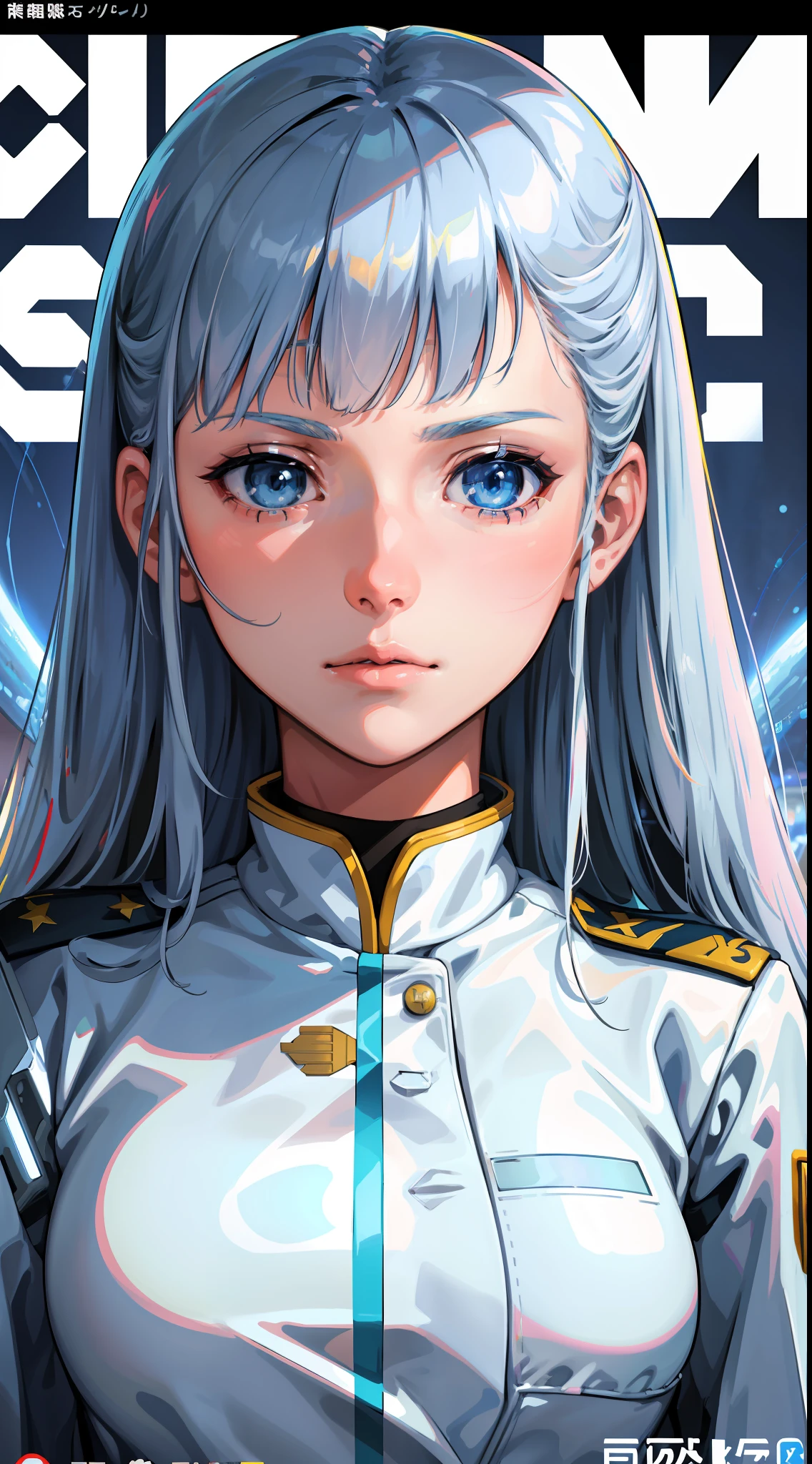 Trailer Cover,Realistic,Realistic,(White General's Uniform),White Air Force General Uniform,(Realistic Face Resolution),Cinematic Poses,Adult,Skinny,Small Breasts,(1 Light Blue Long Hair Woman with Blue Eyes),Glossy Face,Science Fiction,Sci-Fi,Different Characters