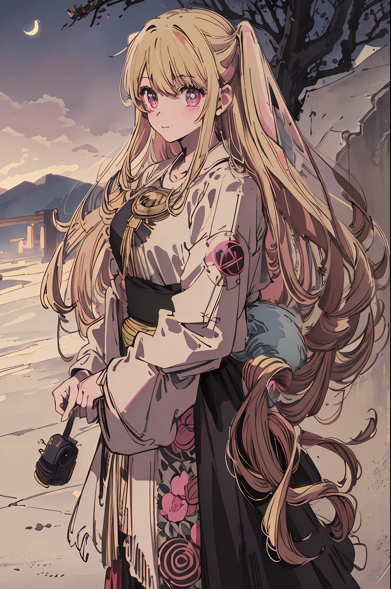 masterpiece, best quality, night, hill, clouds, full moon, long hair, woman, silhouette, fireflies,diaphragm, blonde hair, pink eyes
