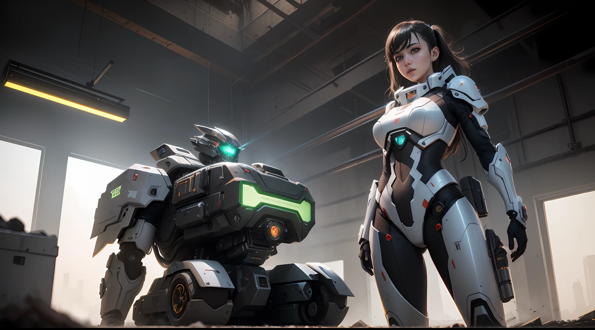 ((Best Quality)), ((Masterpiece)), (Very detailed:1.3), 3D, Shitu-mecha, Beautiful cyberpunk woman with her mech in a dilapidated factory building, futuristic technology, HDR (High Dynamic Range), ray tracing, NVIDIA RTX, Super Resolution, Unreal 5, Subsurface scattering, PBR textures, Post-processing, Anisotropic filtering, Depth of field, Maximum sharpness and sharpness, Multi-layer textures, Albedo and highlight maps, Surface shading, Accurate simulation of light-material interactions, perfect proportions, octane rendering, duotone lighting, low ISO, white balance, rule of thirds, wide aperture, 8K RAW, efficient sub-pixels, subpixel convolution, luminescent particles, light scattering, Tyndall effect Machine gun