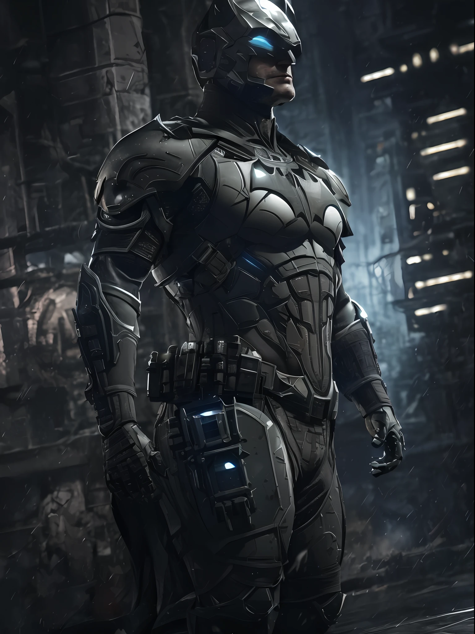 3d render of a highly detailed [Batman|Cyborg] wearing cybernetics and intricate detail armor with armored plates, hdr, 8k, subsurface scattering, specular light, highres, octane render, ray traced