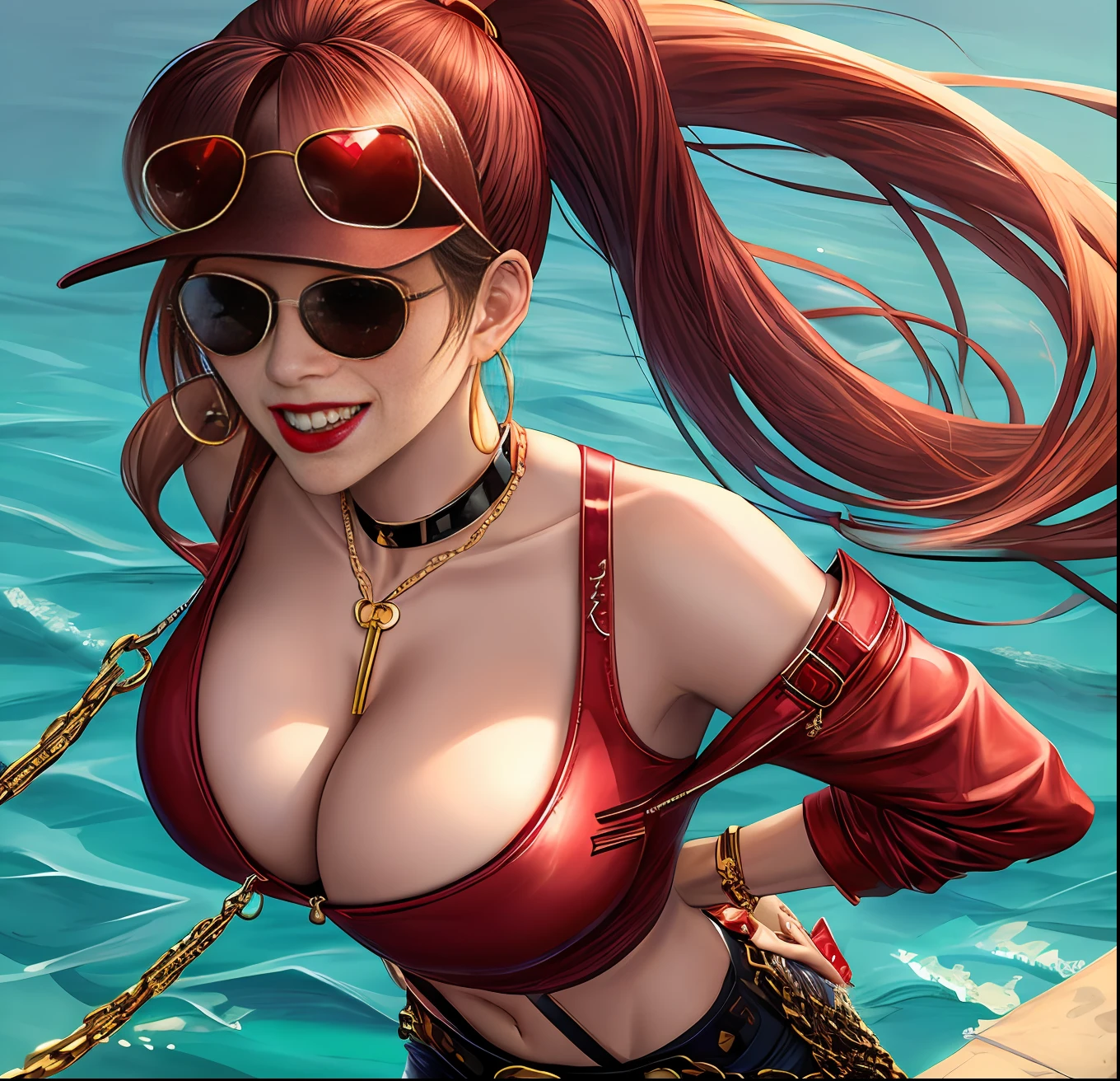Nina Williams, beautiful, medium tits, wearing sunglasses, gold chains, red lips, smile, evil smile, ponytail hair, big belt, Calvin Clein top, cross pendant, big earrings
