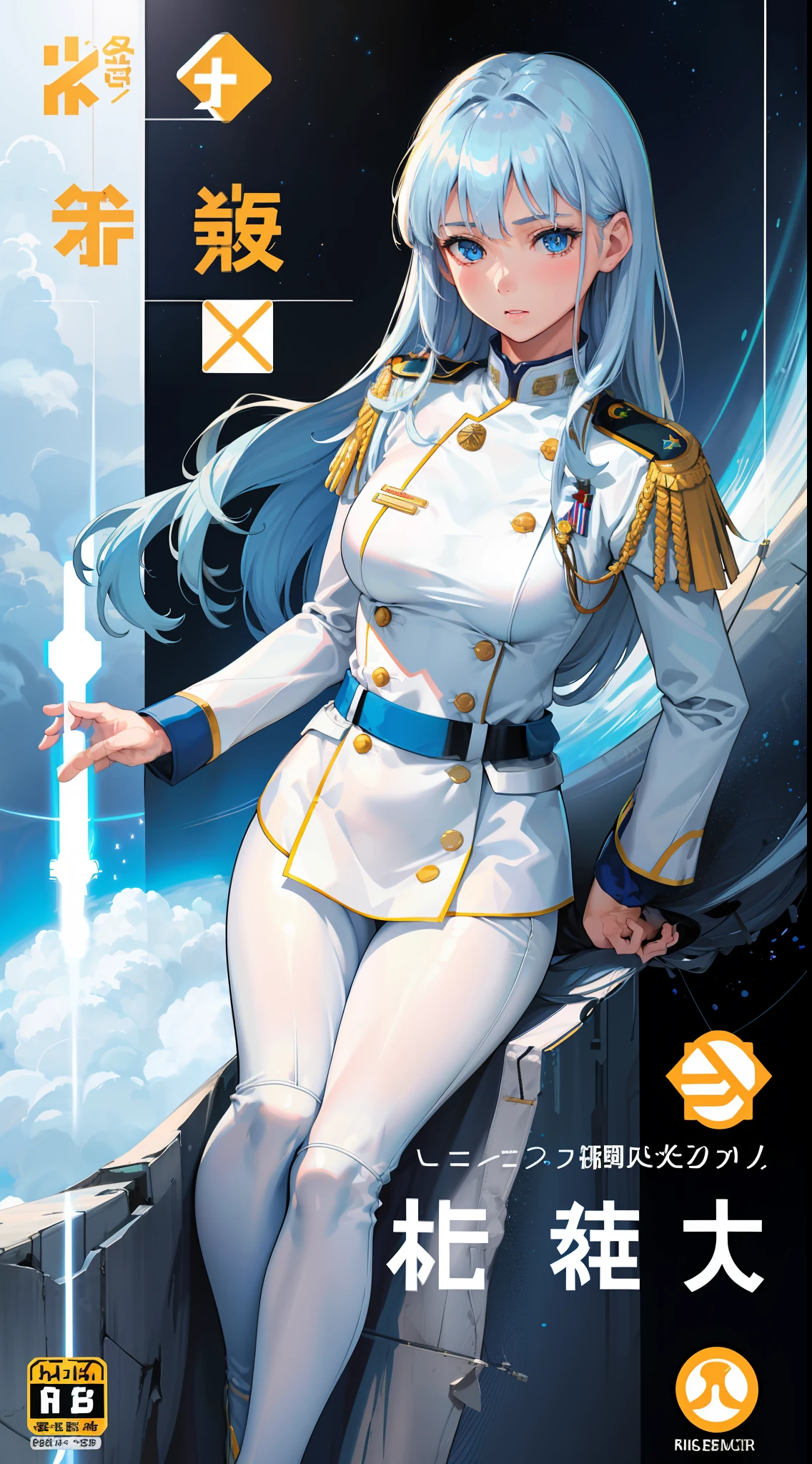 Trailer Cover,Realistic,Realistic,(White General's Uniform),White Air Force General Uniform,(Realistic Face Resolution),Cinematic Poses,Adult,Skinny,Small Breasts,(1 Light Blue Long Hair Woman with Blue Eyes),Glossy Face,Science Fiction,Sci-Fi,Different Characters