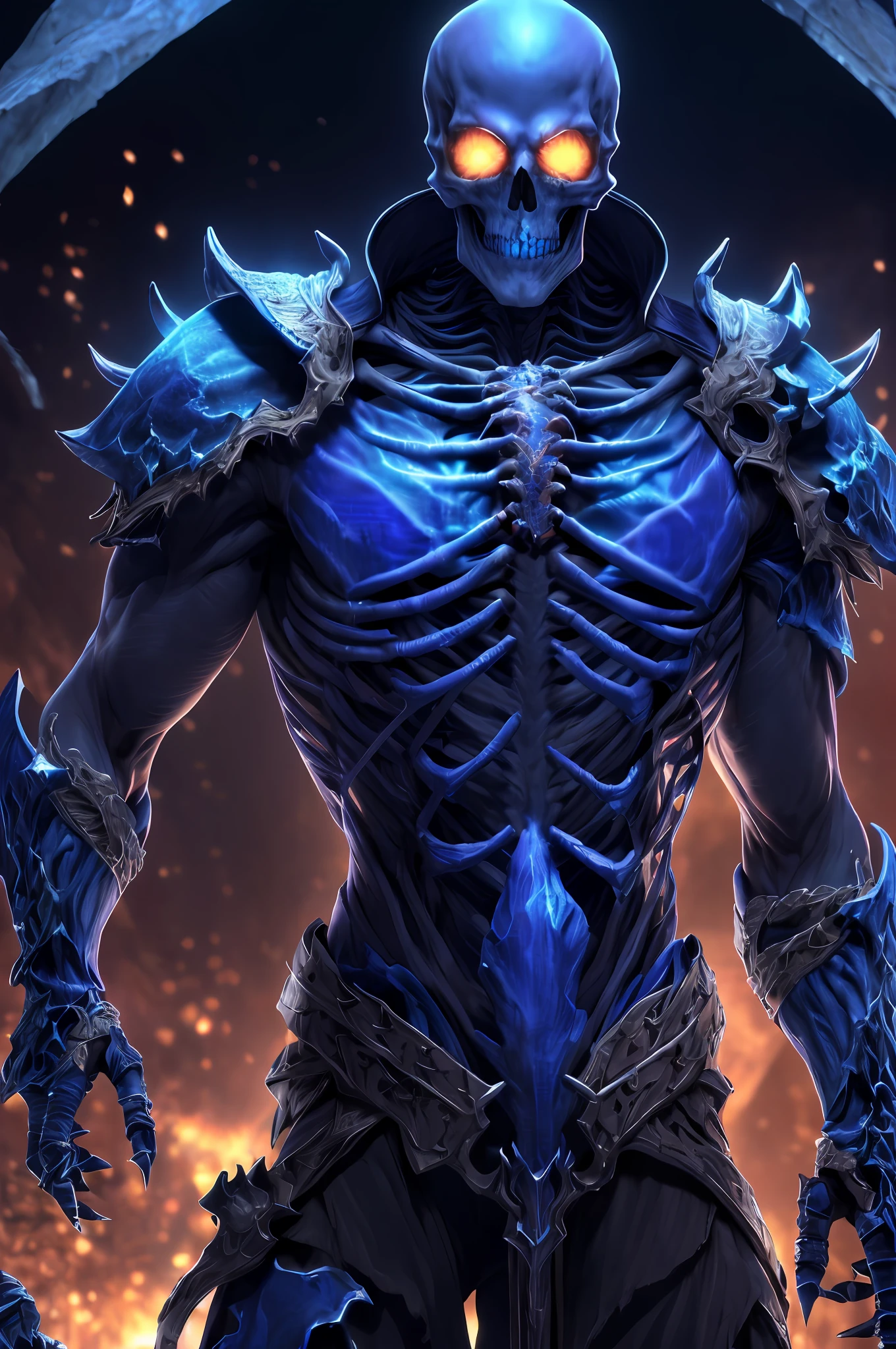 (extremely detailed 8k wallpaper), a medium shot photo of a fearful necromancer, intricate, high detail, dramatic, skeleton body, blue armor