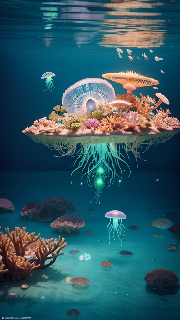 Masterpiece, best quality, (very detailed CG unity 8k wallpapers), (best quality), (best illustrations), (best shadows), marine theme with natural elements. Tall mangroves, rich marine plants, glowing jellyfish, surrounded by schools of fish, glowing particle effects,, (marine plants), (ocean theme), ((luminous algae)), (coral), ((glowing jellyfish )), ((Glow Creatures in Seawater)), ((Sea Fire)), (((Particle Effect))), Isometric 3D, Octane Rendering, Ray Tracing, Super Detailed