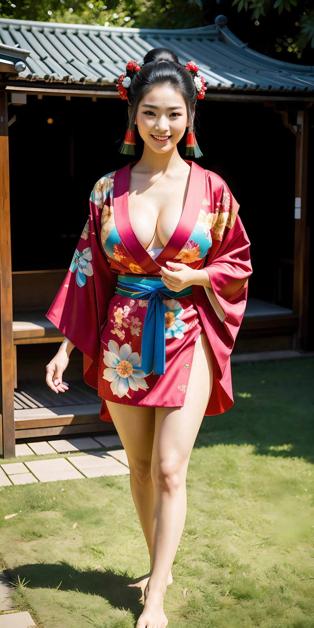 A beautiful young cyberpunk geisha, 18 years old, big breasts, hot, beautiful girl, perfect face, wonderful goddess, sexy is in kimono and langerie walking barefoot under a lawn (hyperrealistic 8K, well-detailed feet) with a cheerful smile
