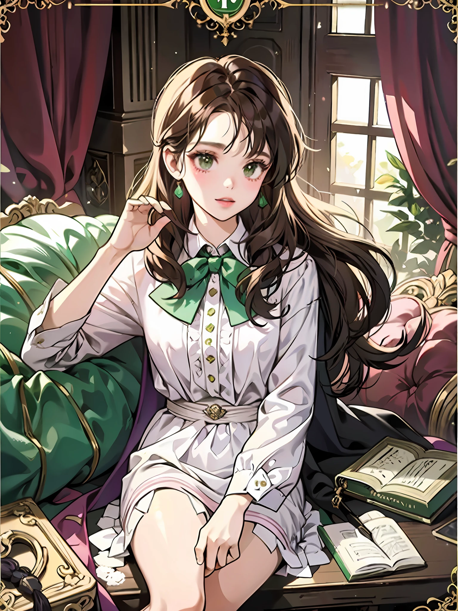 Girl with semi long brown hair and white blouse and dressed in harry potter, slytherin cape, slytherin, sitting, square glasses with purple frame, bangs, pink lips, dark brown eyes,