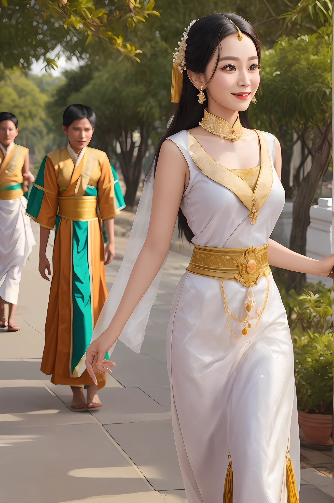 A beautiful girl,details skin texture Myanmar princess, Myanmar Traditional princess dress, , white smile, light skin, photorealistic,Walking in front of the palace