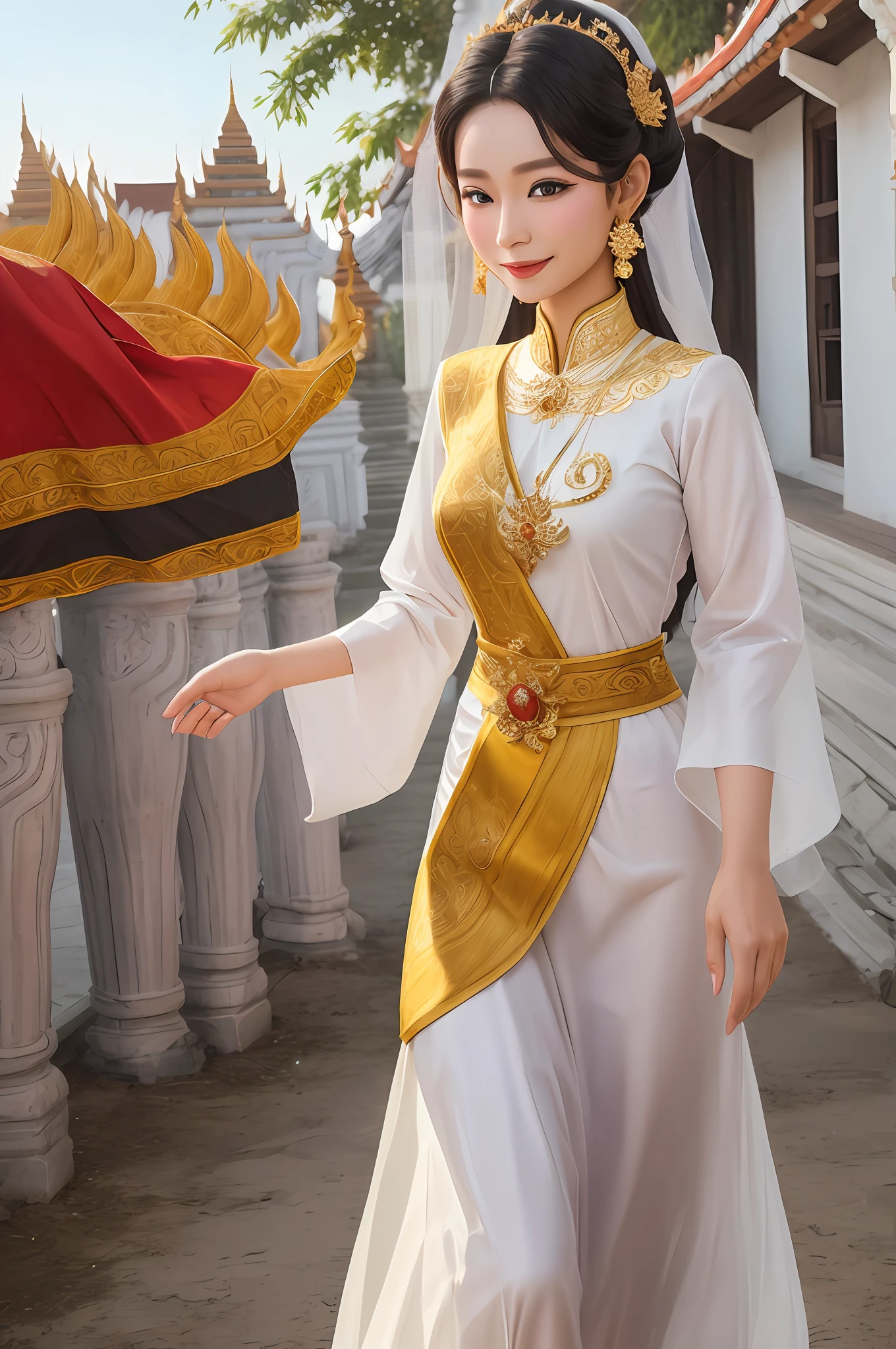 A beautiful girl,details skin texture Myanmar princess, Myanmar Traditional princess dress, , white smile, light skin, photorealistic,Walking in front of the palace