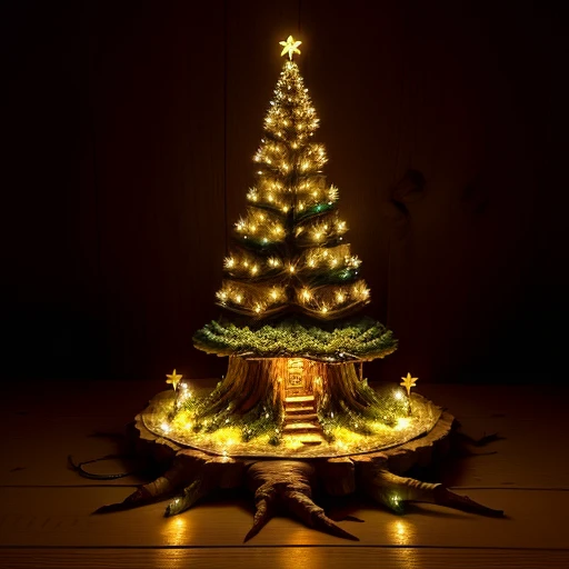 Fantasy large Pine stump Anthill with small fairy lights at the bottom,