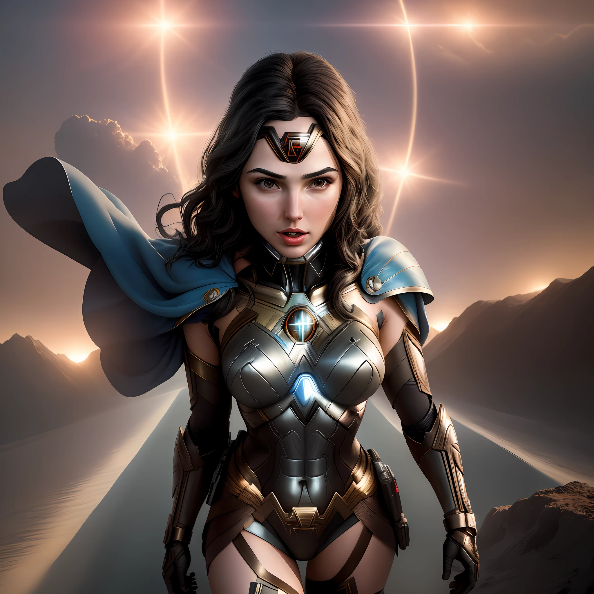 Gal Gadot, Best quality, masterpiece, ultra high res, (photorealistic: 1.4), absurdists, CircuitBoardAI woman, intricate details, aiming the planet earth out of orbit