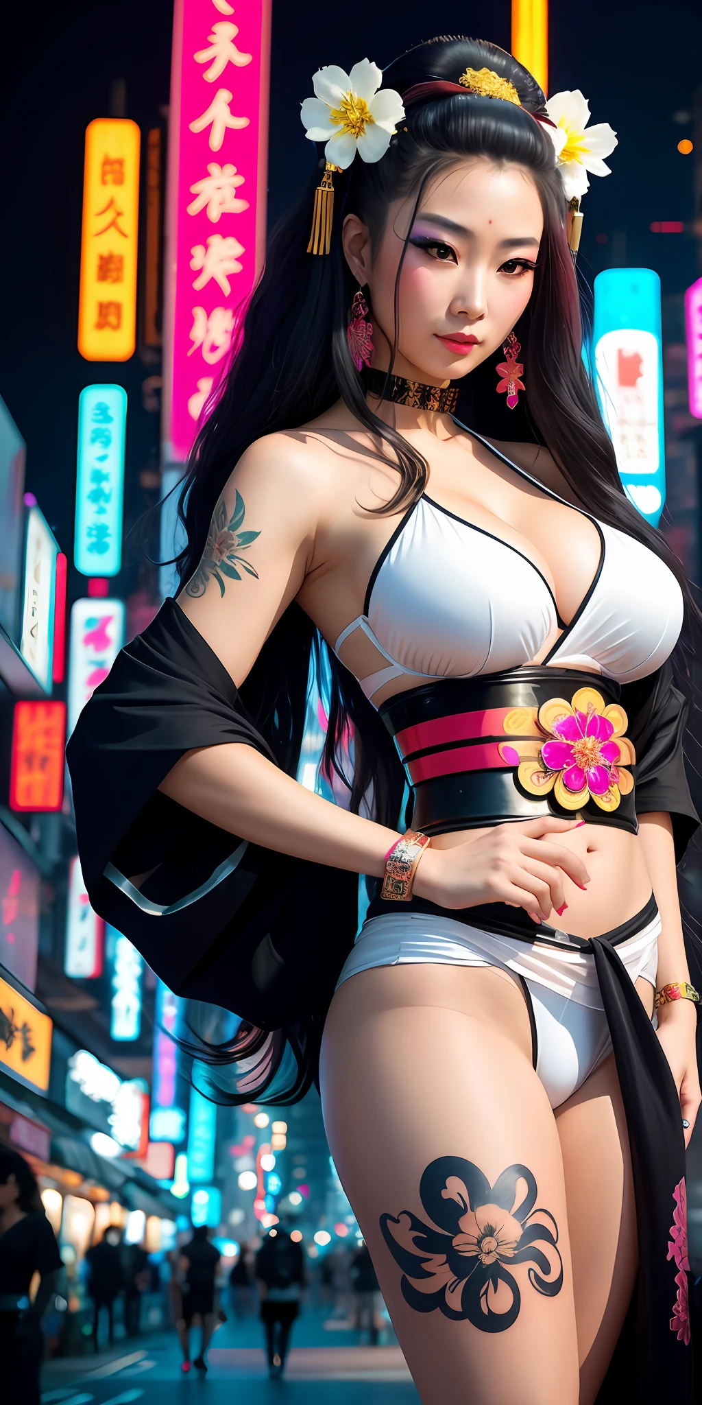Beautiful young and sweet queen of cyberpunk geisha, woman, hot, big ass, big breasts, with flowing hair, hyper realistic, masterpiece, best picture) wearing rings and bracelets with jewels, wearing a short white black kimono with white flowers drawn, is facing her, showing her shoulders with a bright neon tattoo, walking looking at the camera (super detailed face and body) giving a sexy smile walking in cyberpunk Japan.