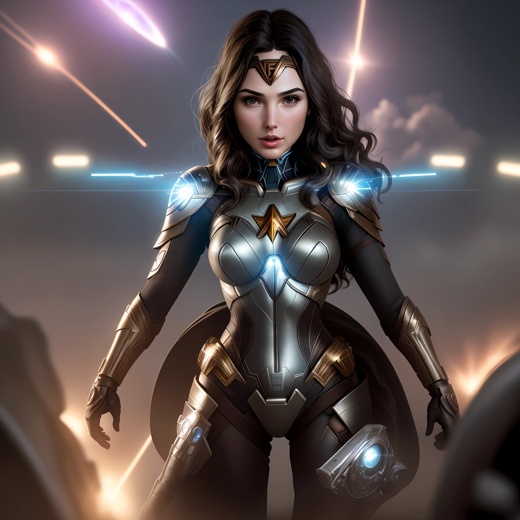Gal Gadot, Best quality, masterpiece, ultra high res, (photorealistic: 1.4), absurdists, CircuitBoardAI woman, intricate details, aiming the planet earth out of orbit