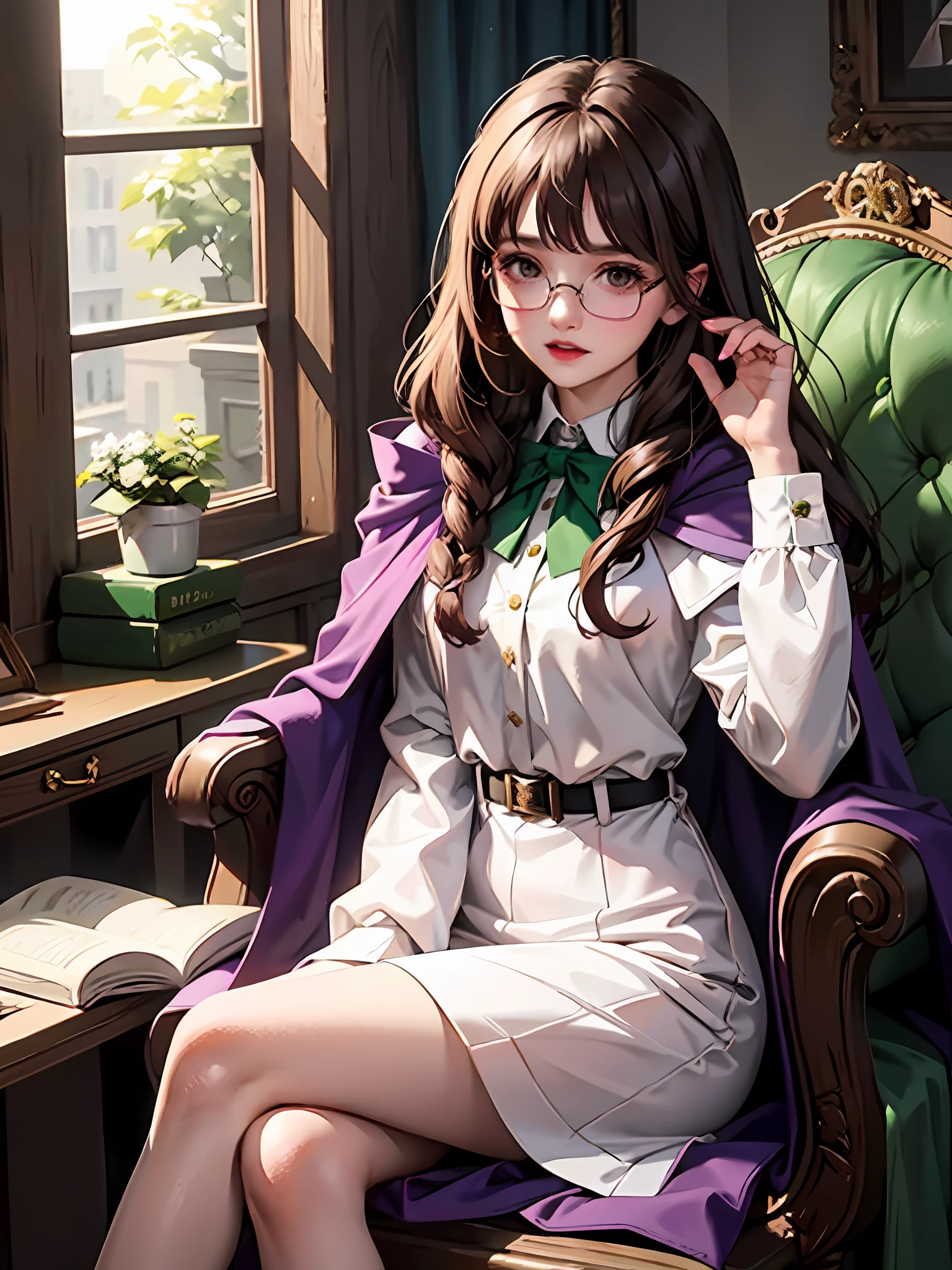 Girl with semi long brown hair and white blouse and dressed in harry potter, slytherin cape, slytherin, sitting, square glasses with purple frame, bangs, pink lips, dark brown eyes,