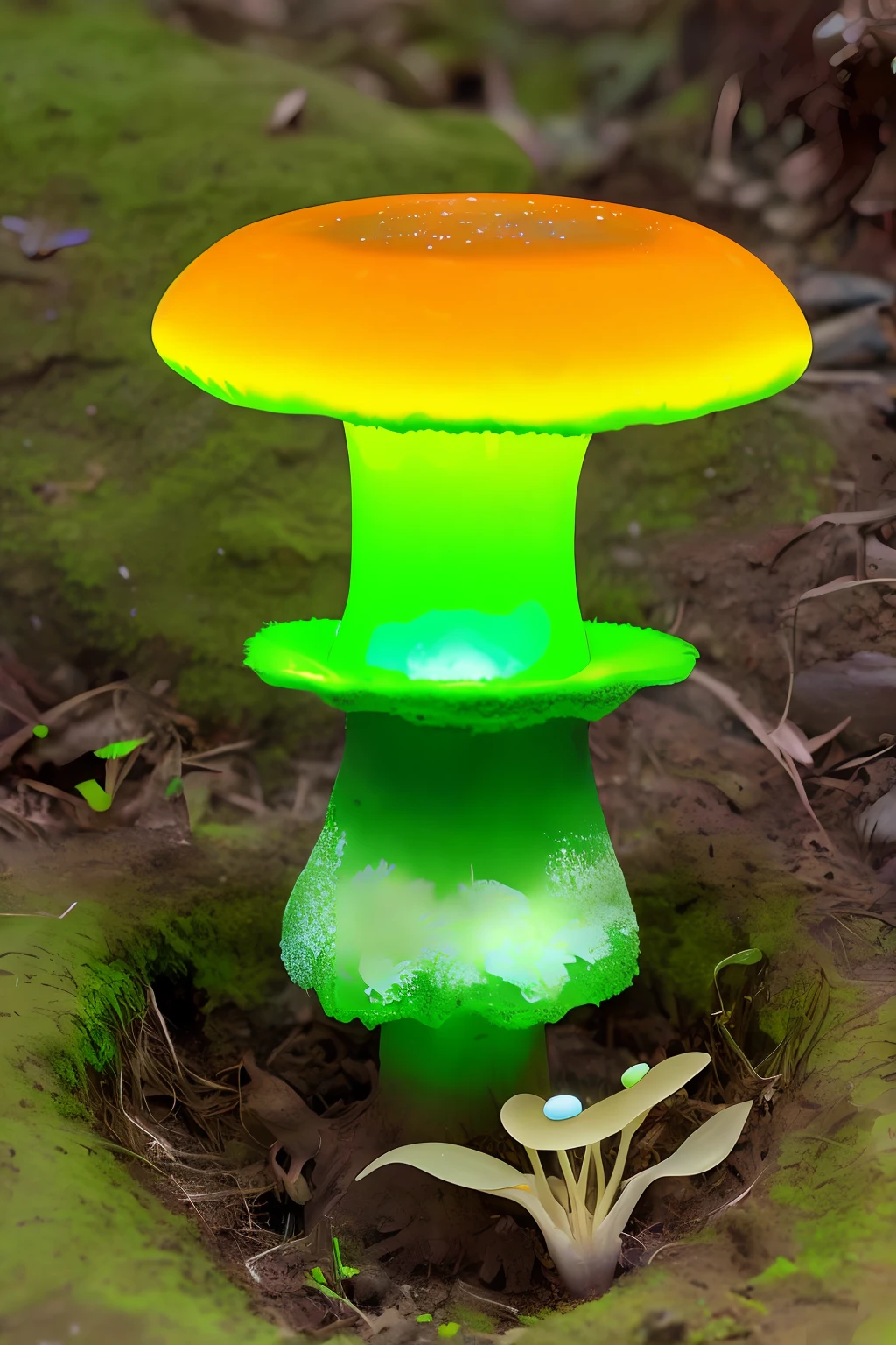 florescent mushroom next to ant hill entrance, human like soilder ant(s) under mushroom guarding
