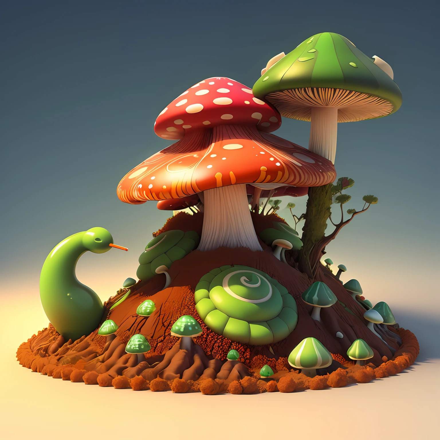 3D, psychedelic mushroom anthill with a jade caterpillar on top smoking a pipe