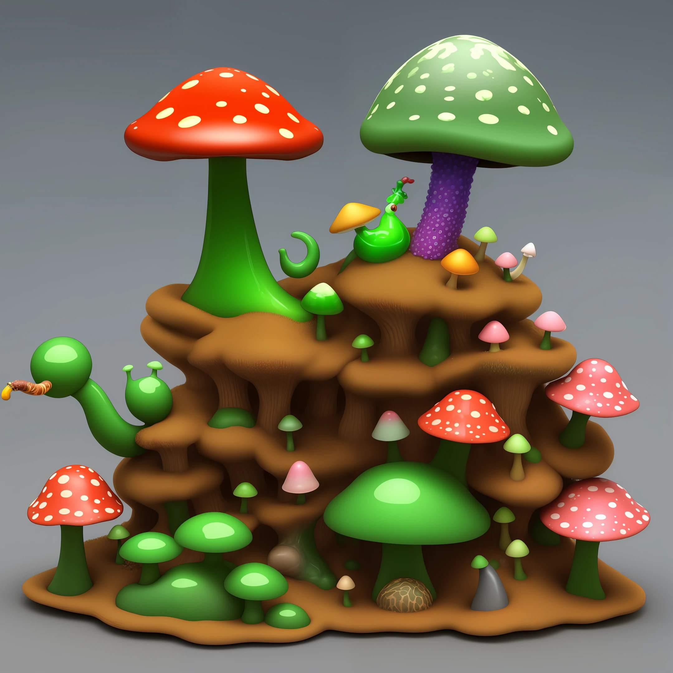 3D, psychedelic mushroom anthill with a jade caterpillar on top smoking a pipe