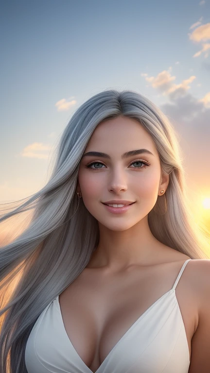 ((best quality, magnificent art, masterpiece: 1.12), 1girl, solo, (25 years Italian with long gray hair), rounded and vibrant eyes, silky peach skin, sculptural model body, captivating gorgeous smile, sunset afternoon, warm and soft lighting, CGI, vivid colors, Adobe Illustration, Trand on Artstation, sunlight shading, luminosity by REMBRADT,