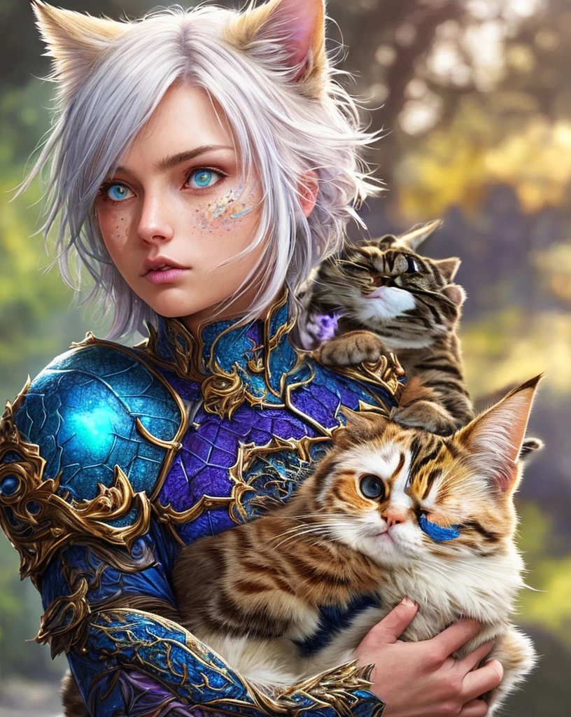 girl holding cat, cat ears, chibi, blue, gold, white, purpple, dragon scaly armor, forest background, fantasy style, (dark shot:1.17), epic realistic, faded, ((neutral colors)), art, (hdr:1.5), (muted colors:1.2), hyperdetailed, (artstation:1.5), cinematic, warm lights, dramatic light, (intricate details:1.1), complex background, (rutkowski:0.8), (teal and orange:0.4), colorfull, (natural skin texture, hyperrealism, soft light, sharp:1.2), (intricate details:1.12), hdr, (intricate details, hyperdetailed:1.15), white hair