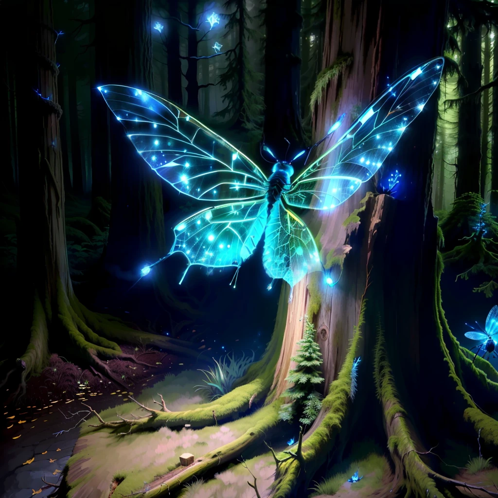 magestic redwood stump, hints of moss, fairy lights at the base of stump, beautiful blue dragonfly sitting on the top of tumps,