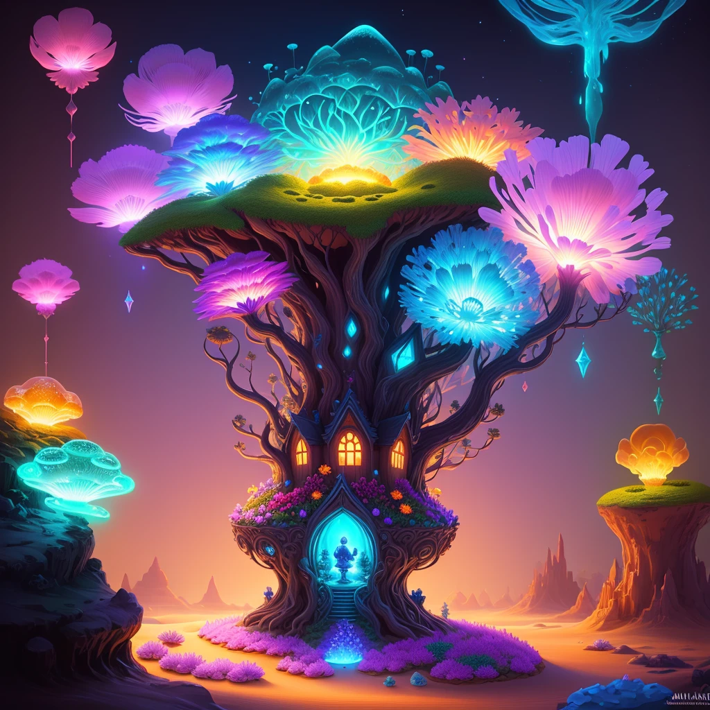 Anthill made of sand, on top of anthill is a pot made of glowing crystals, fungus and flowers, cute detailed digital art, glowing flowers, magical garden plant creatures, graphic of enchanted terrarium, colorful alien flora, adorable digital painting, glowing plants, magical flowers, colorful concept art, fantasy game art style, magical cauldron, glowing rich colors, magic world. colorful, stylized concept art, colorful glow