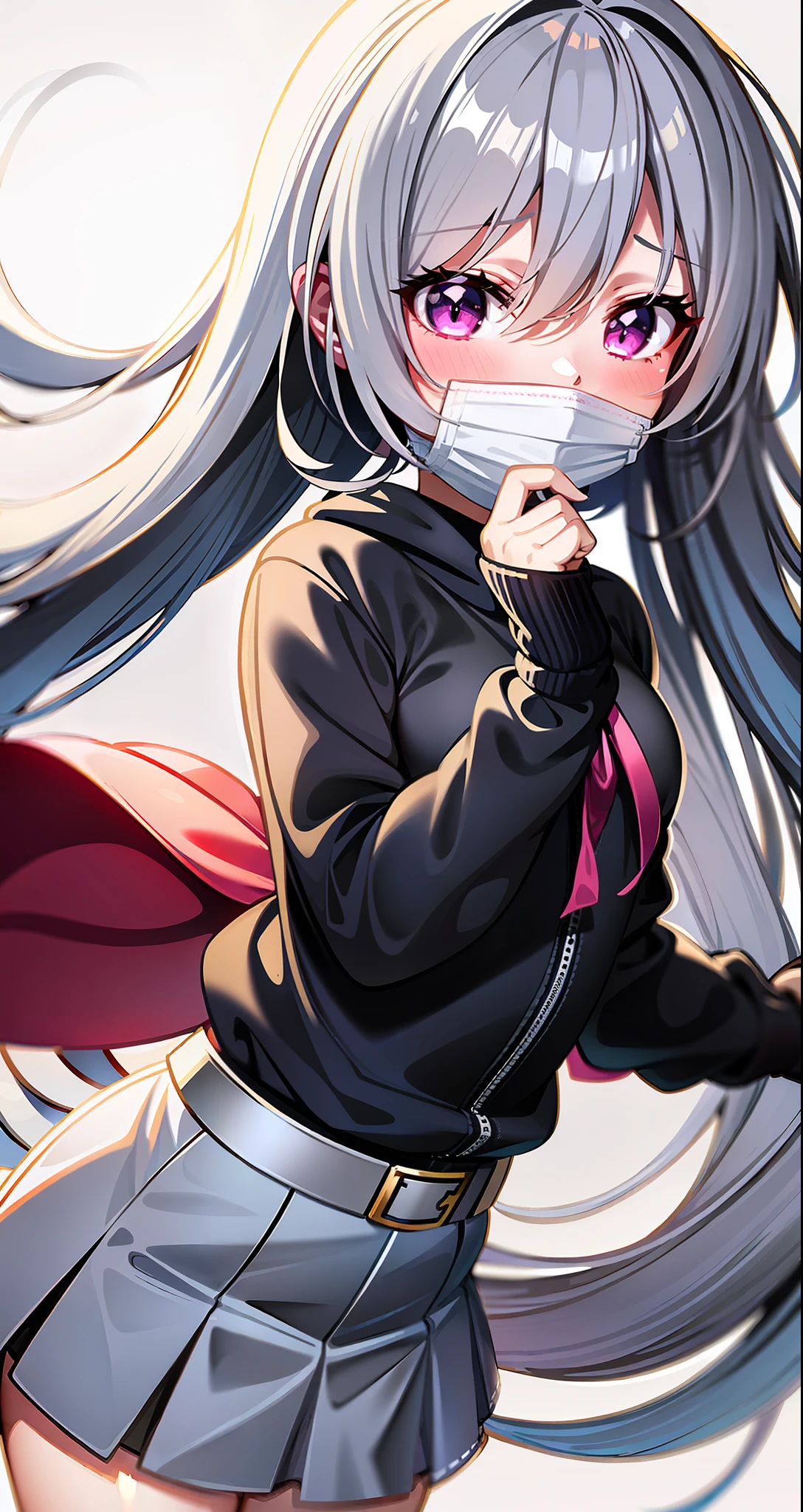 anime girl, anime moe artstyle, anime visual of a cute girl, attractive anime girl, beautiful anime high school girl, cute anime girl, smooth anime cg art, seductive anime girl, young anime girl, an anime girl, (anime girl), anime best girl, ecchi anime styleg, loves, mask, solo, purple eyes, black gloves, jacket, simple background, white background, skirt, covered mouth, shirt, mouth mask, cowboy shot, 1girl, grey hair, long hair, floating hair, hair over one eye, belt