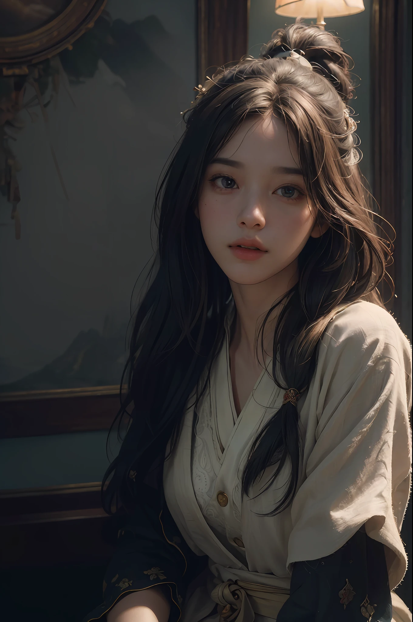 (RAW photo, best quality), (realistic, photo-realistic:1.3),best quality,highly detailed,masterpiece,ultra-detailed,illustration,1girl,upper_body,dynamic angle,world masterpiece theater,messy_long_hair,best quality,extremely detailed CG unity 8k wallpaper,ink,Amazing,cinematic lighting,lens_flare, dunhuang_style